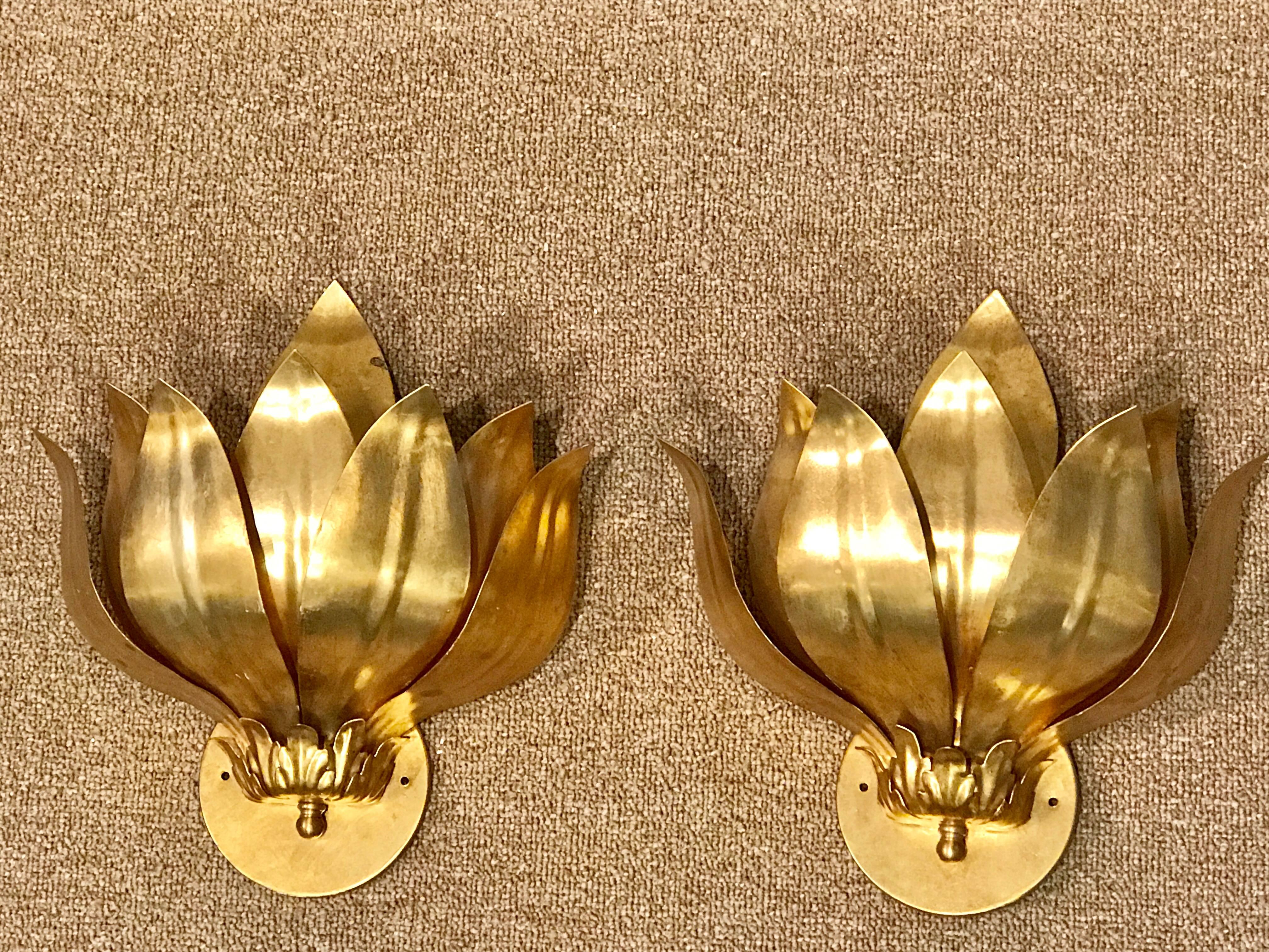 Pair of Italian gilt metal leaf sconces, newly wired.
