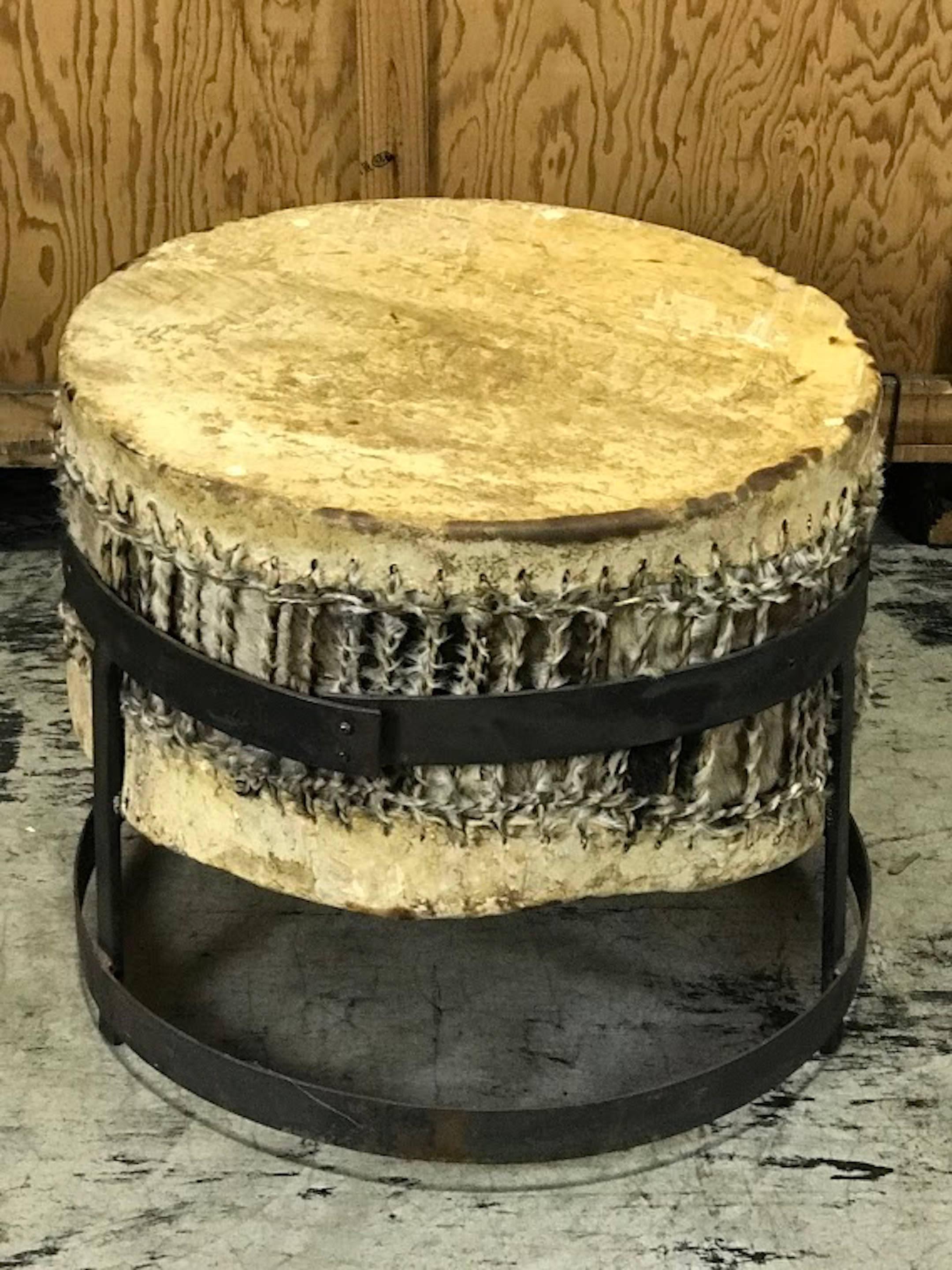 Modern African Drum Table with Forged Iron Pedestal Base