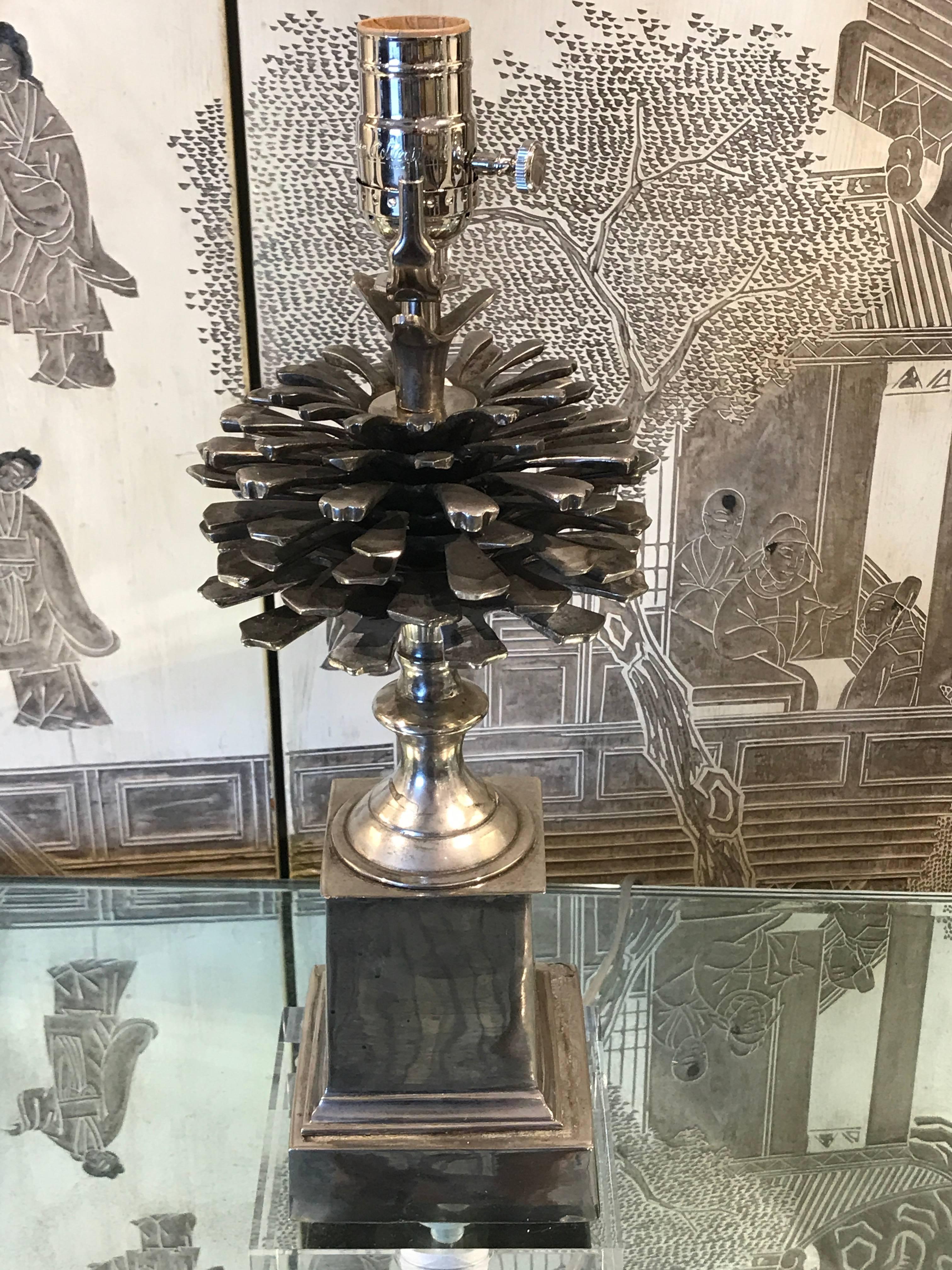 Pair of Silvered Bronze Pinecone Motif Lamps, Raised on Square Lucite Bases For Sale 1