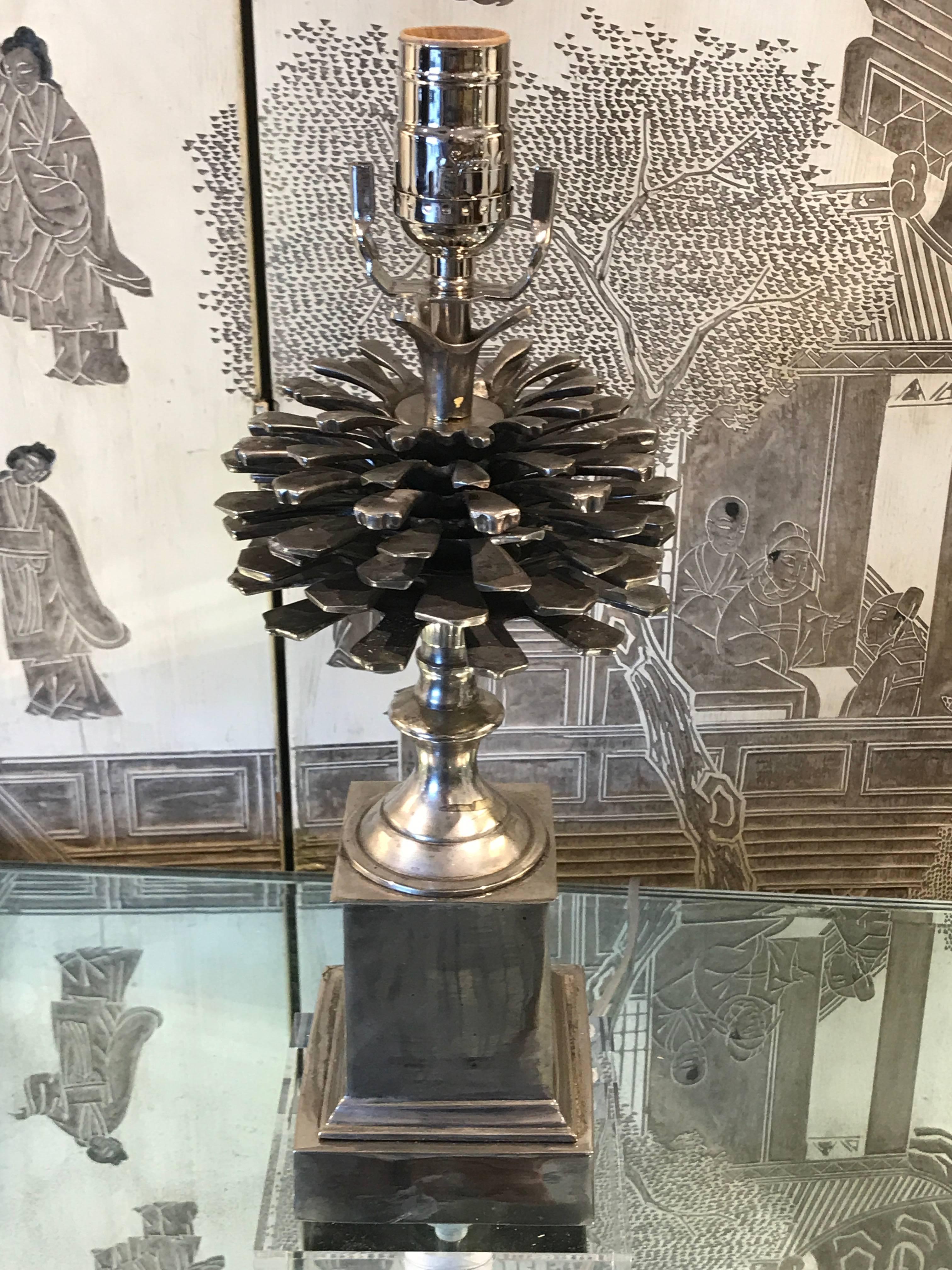 Pair of Silvered Bronze Pinecone Motif Lamps, Raised on Square Lucite Bases In Good Condition For Sale In Atlanta, GA