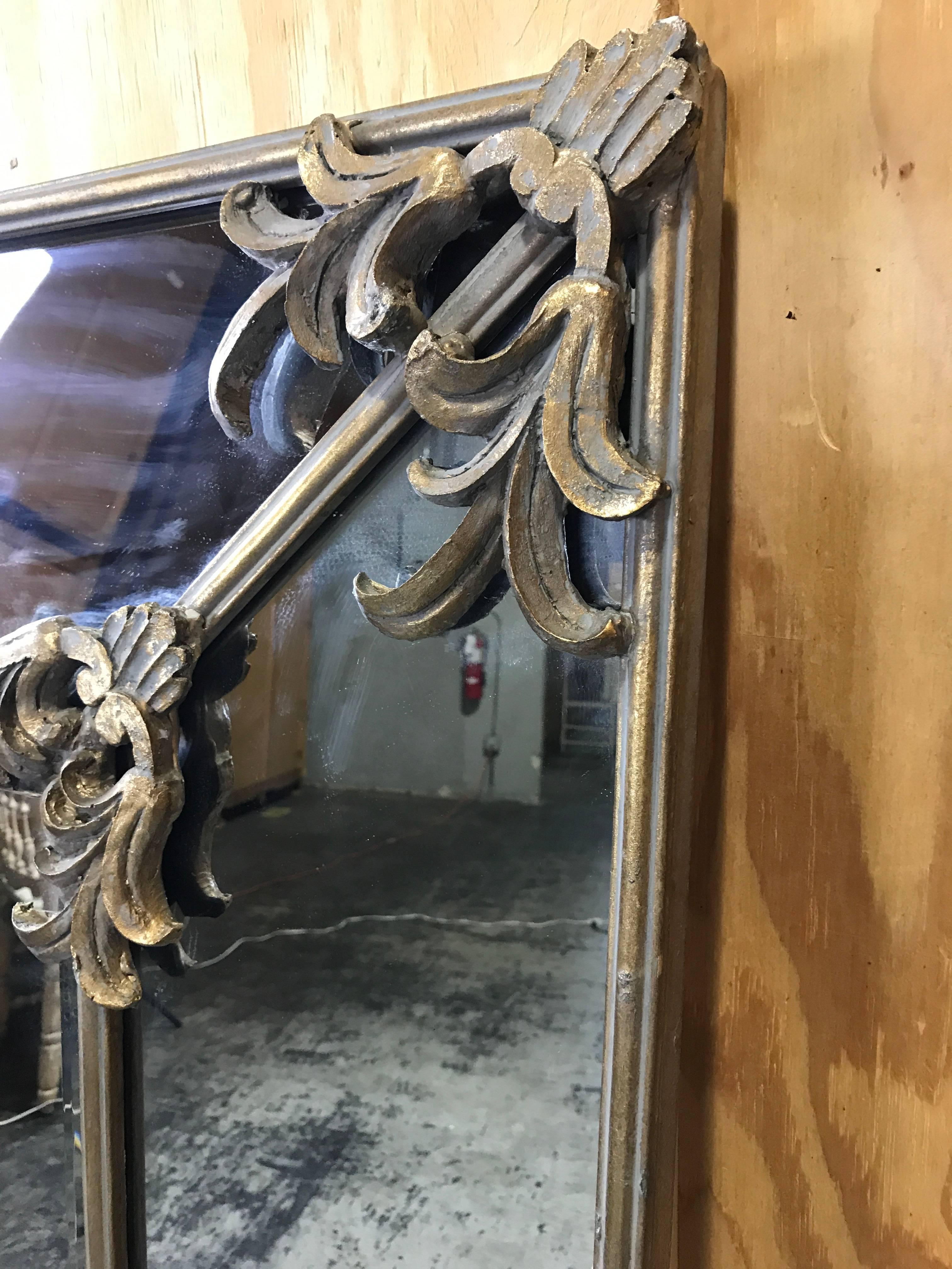 Large Cushioned Five Panel Gilt Foliate Beveled Mirror In Excellent Condition In Atlanta, GA