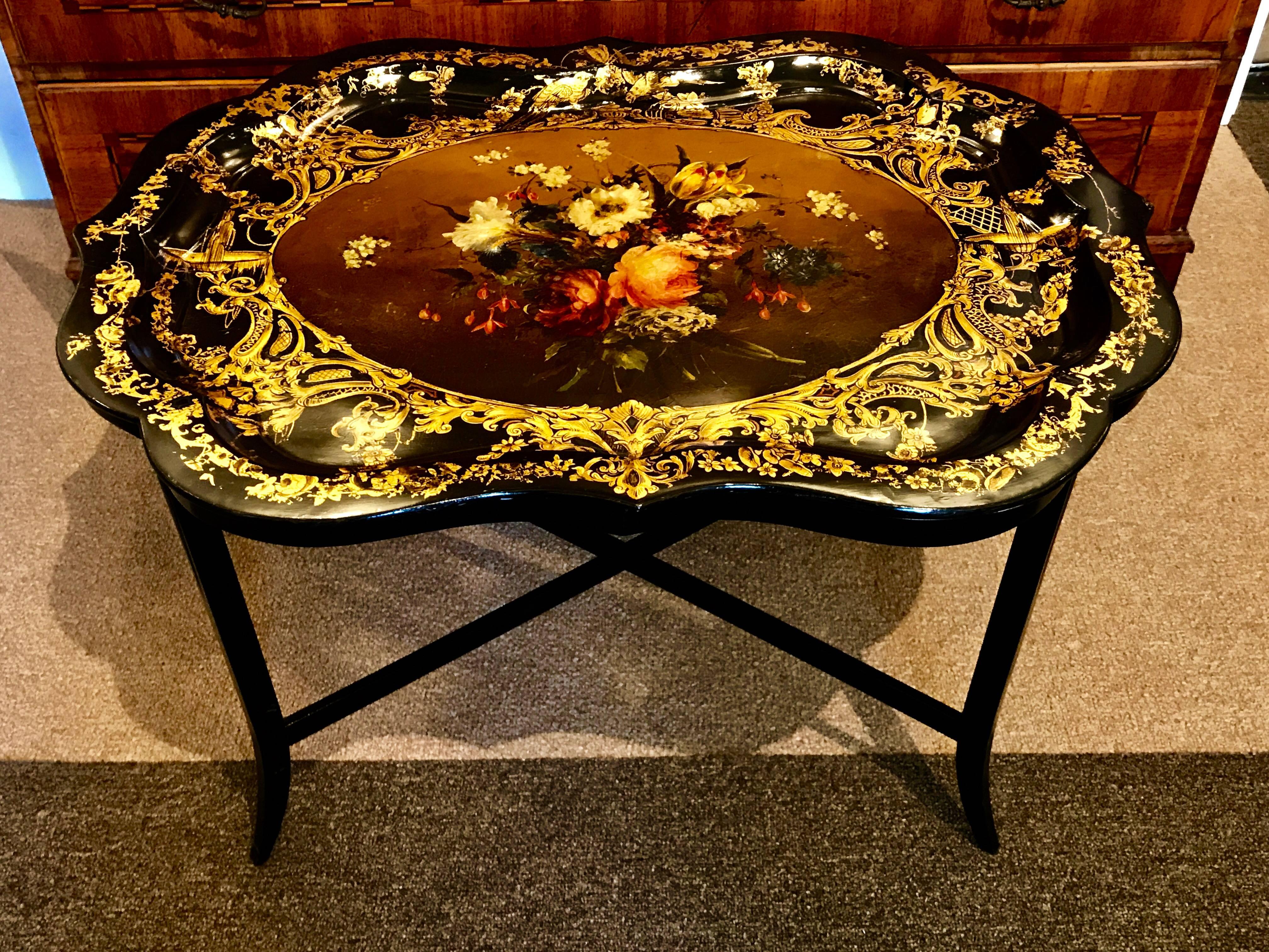 Stunning 19th Century English Papier Mâché Gilt Floral Tray, Now as a Table 3
