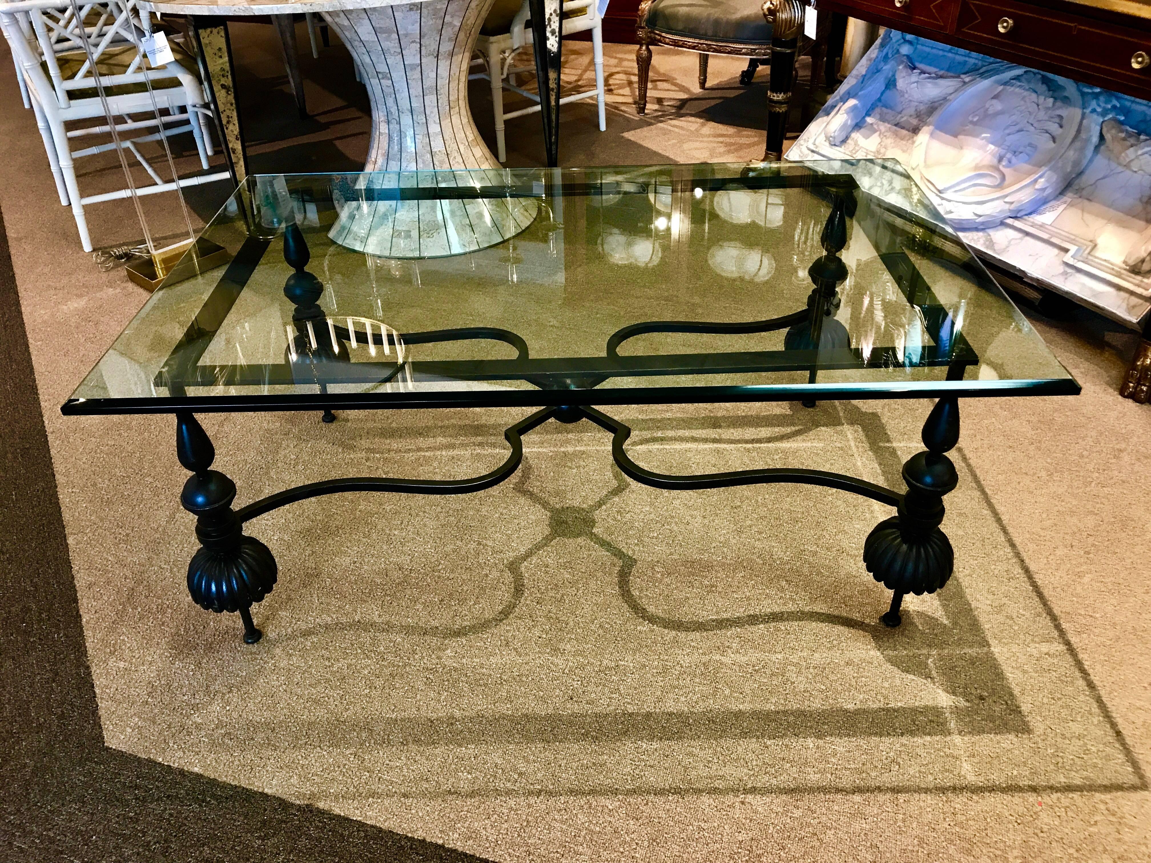 20th Century Beautiful Neoclassical Wrought Gun Metal and Beveled Glass Coffee Table