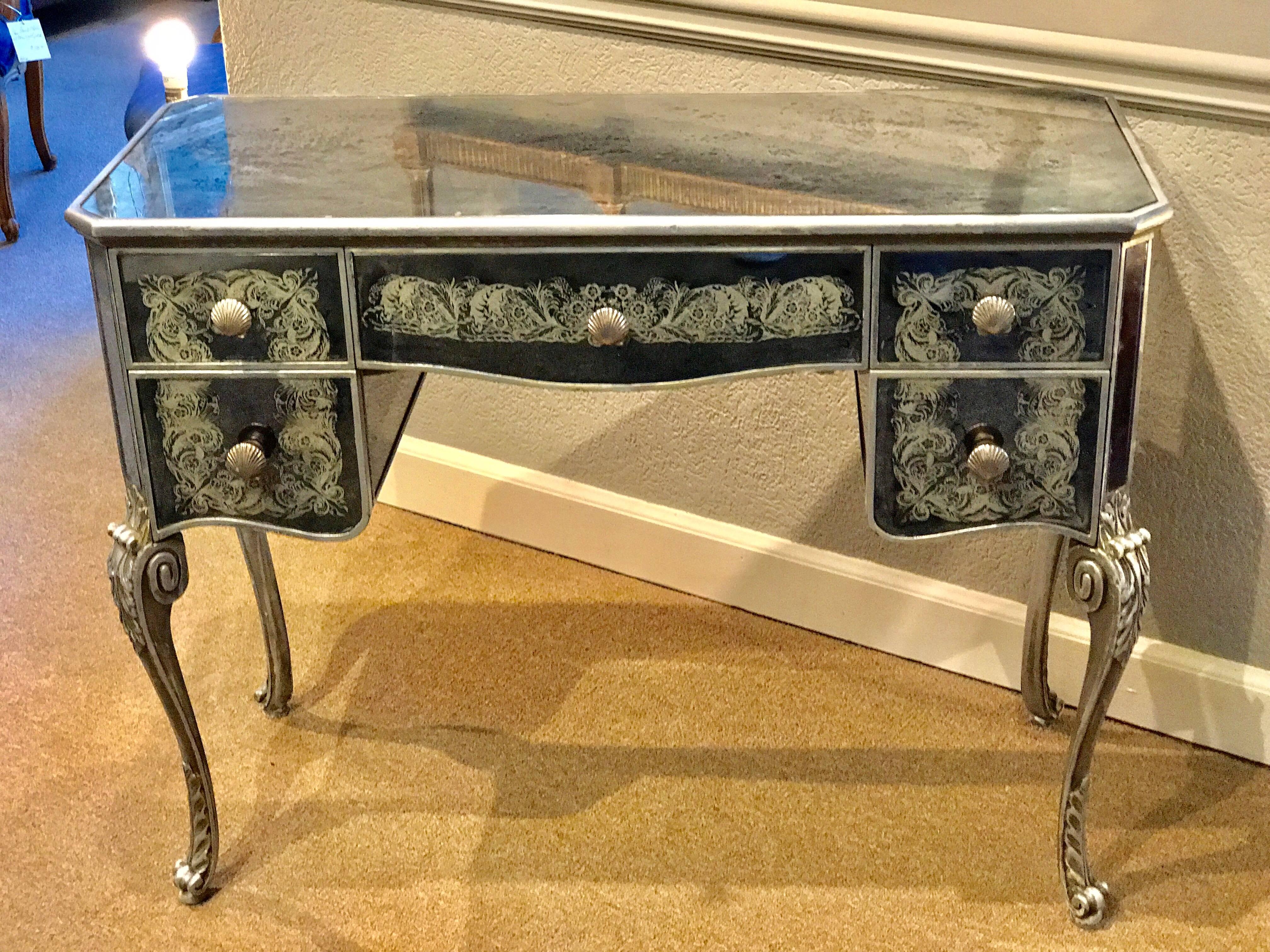 Silvered French Art Deco Mirrored Desk or Vanity