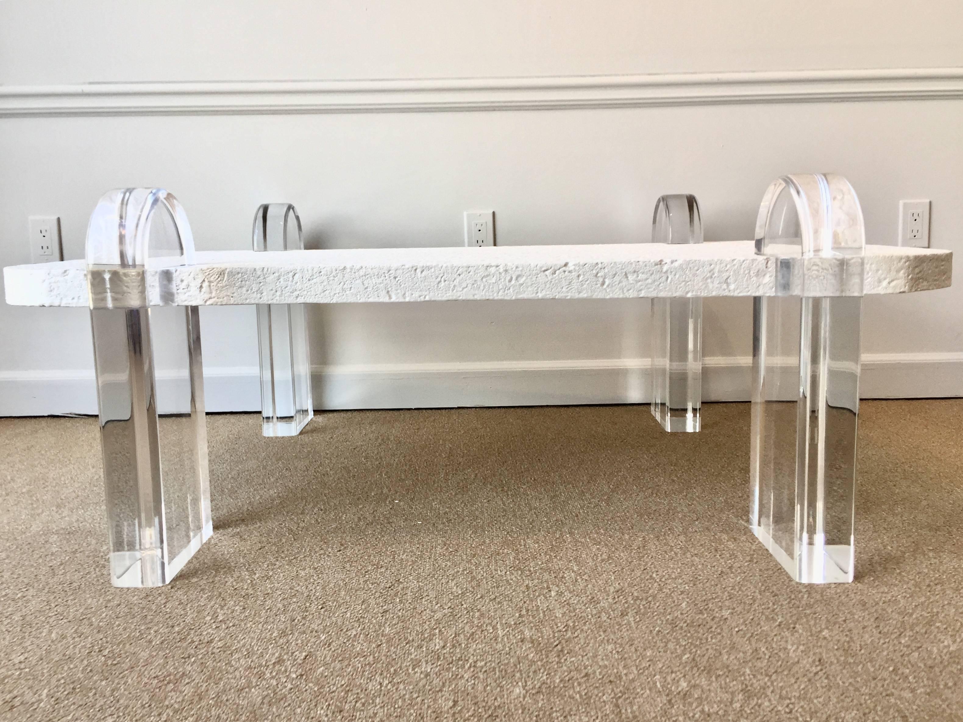 American Lucite and Fossil Infused Cast Stone Coffee Table  For Sale