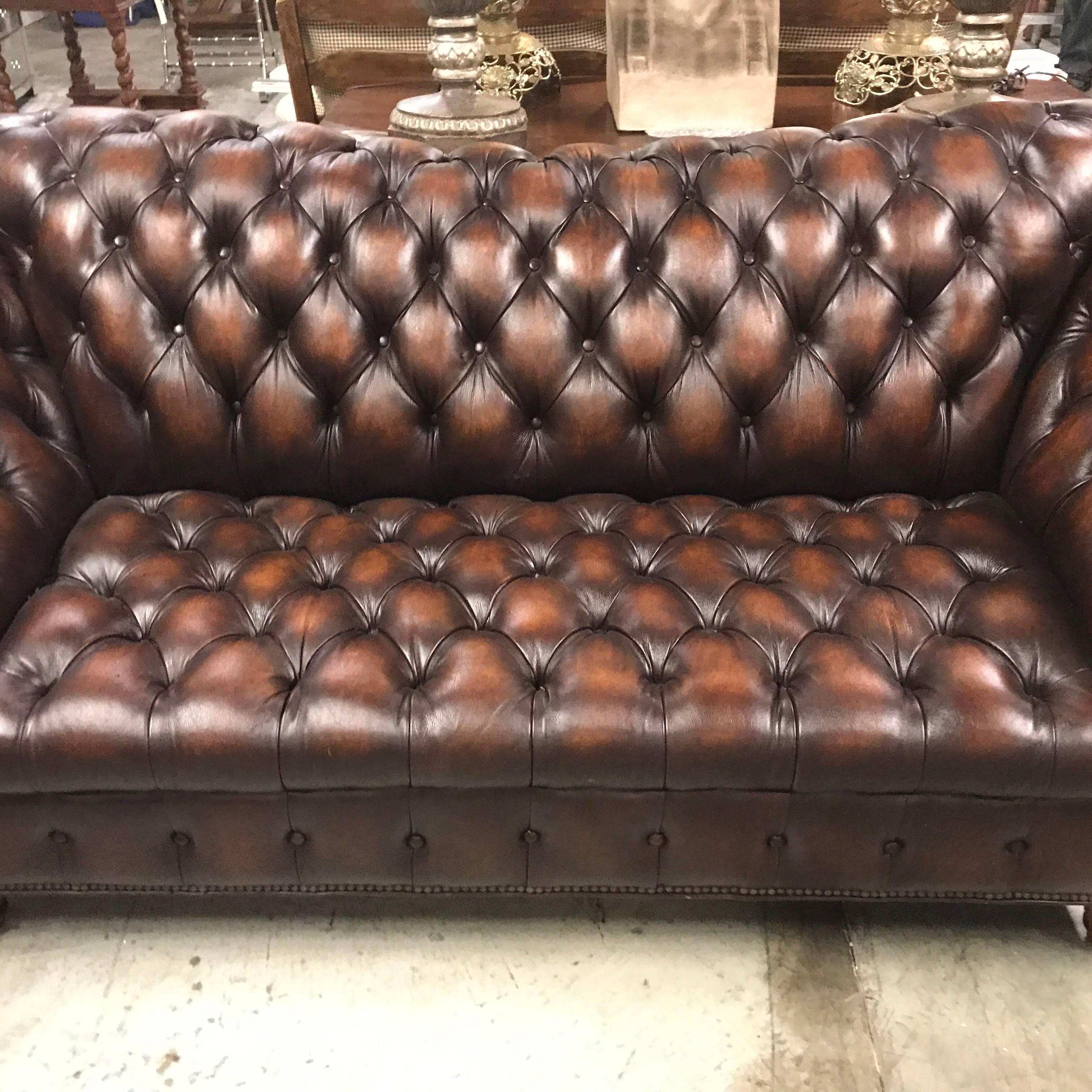 English Sumptuous Leather Chesterfield Sofa with Rolled Arms