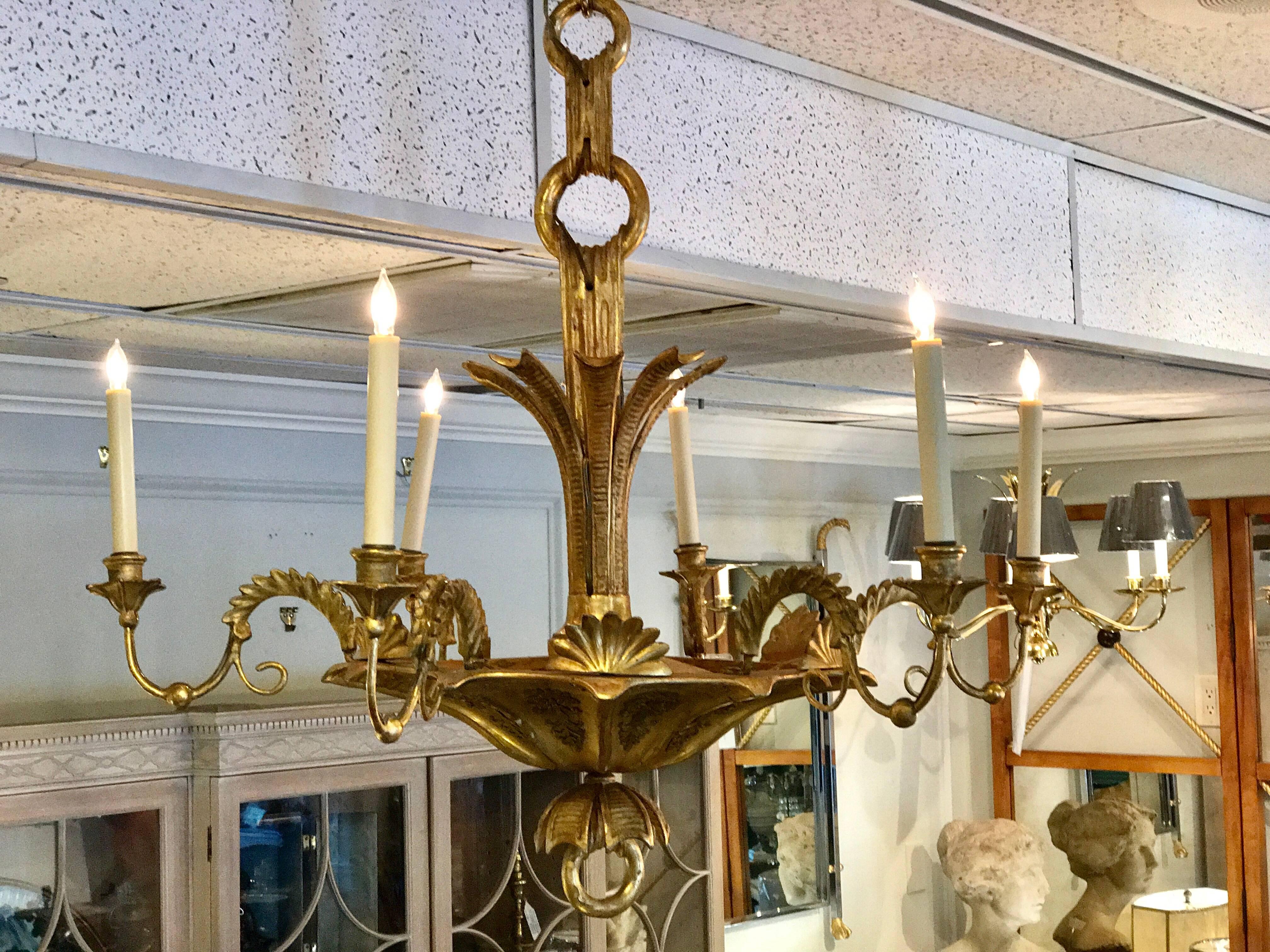 Antique Continental giltwood neoclassic six-light chandelier, with ormolu mounts. Now electrified.