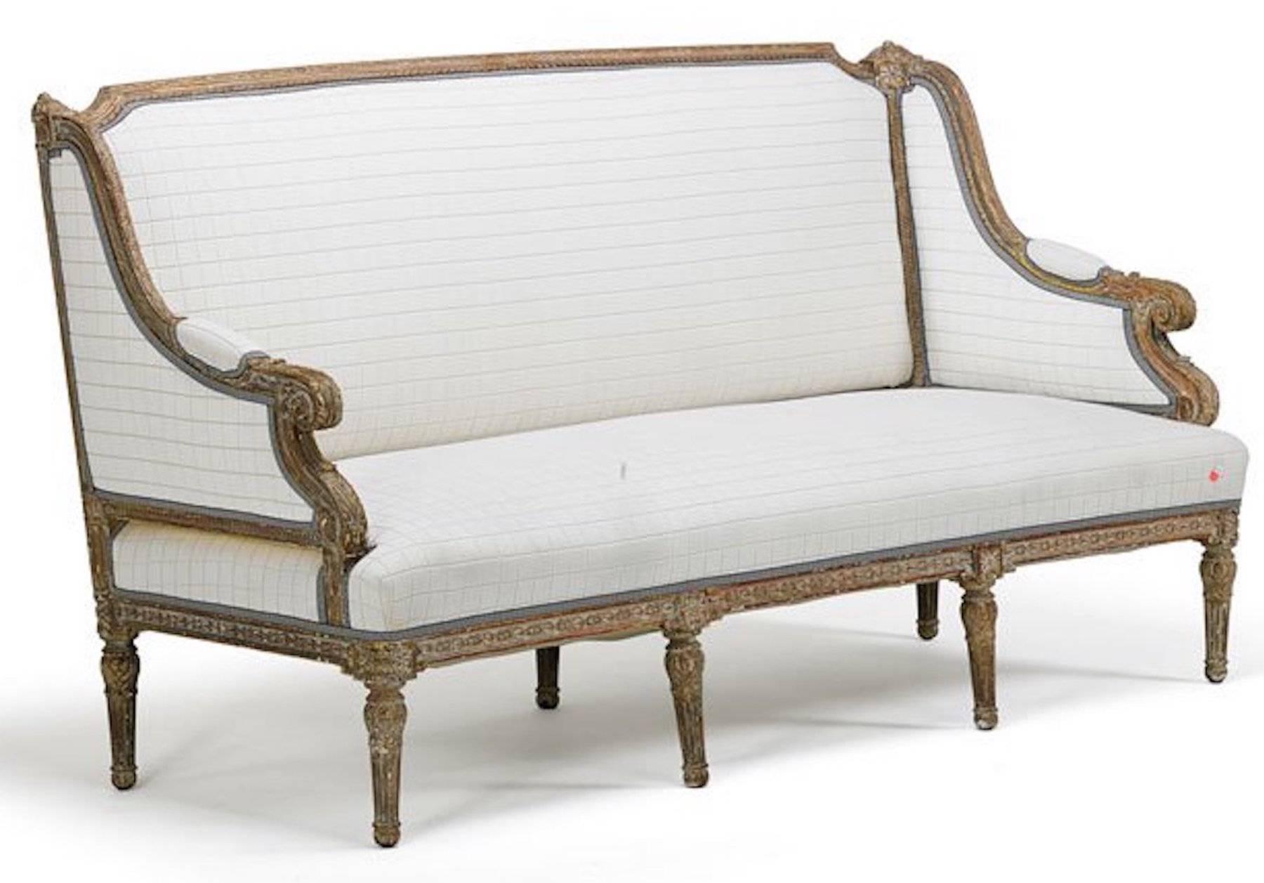 Exquisite 19th century Louis XVI style giltwood sofa with Clarence House Cashmere fabric, large in scale, very well proportioned.