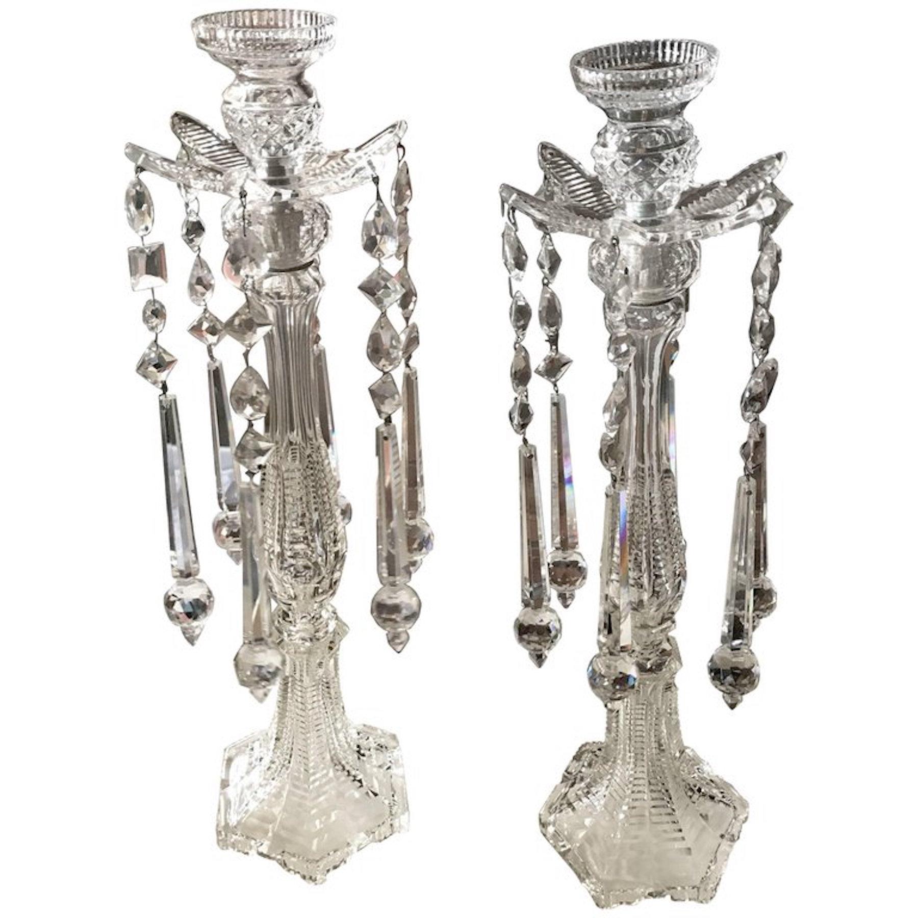 English Sumptuous Pair of Cut Crystal Tall Candlesticks, Attributed to F.&C. Osler