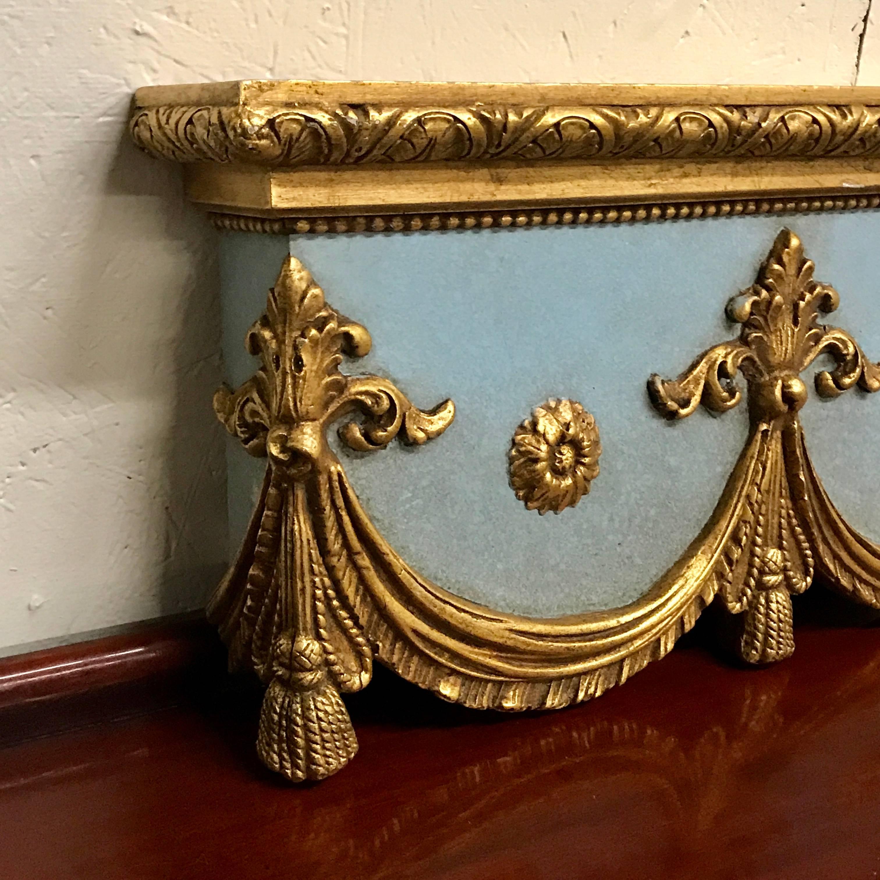 Italian carved Robin's egg blue and gilt neoclassical window cornice
Measures: 24” x 12” x 4.5 D interior dimensions 19.5