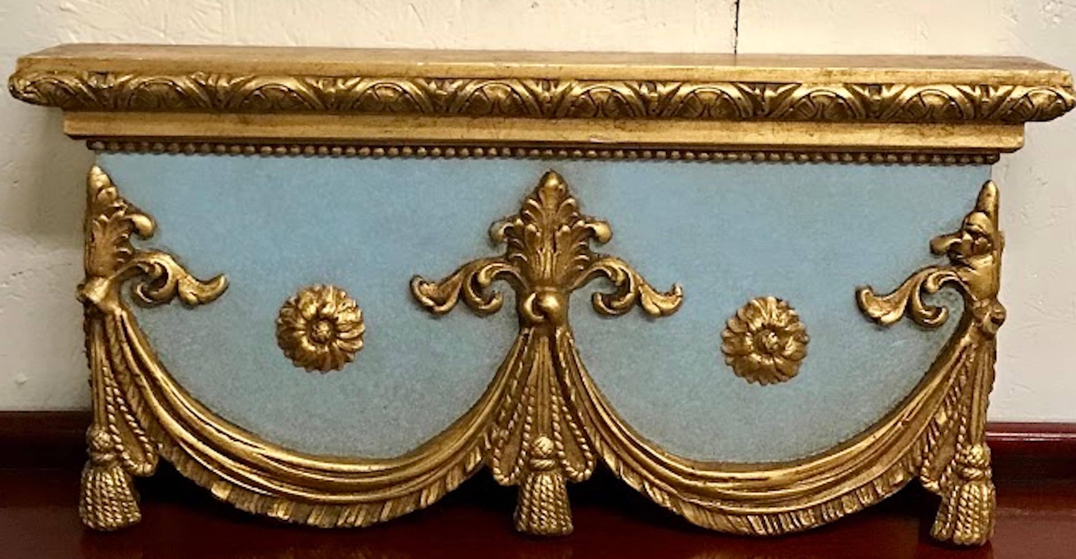 Italian Carved, Robin's Egg Blue and Gilt Neoclassical Window Cornice 1