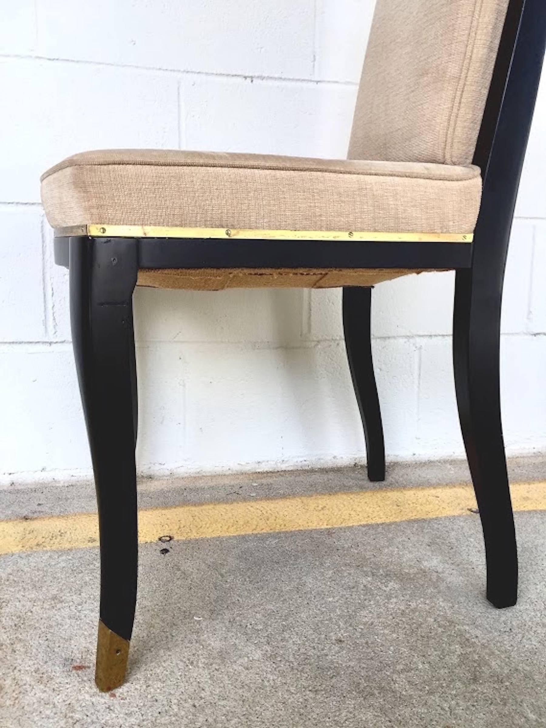 French Six Maison Jansen Black Lacquer and Brass Dining Chairs For Sale