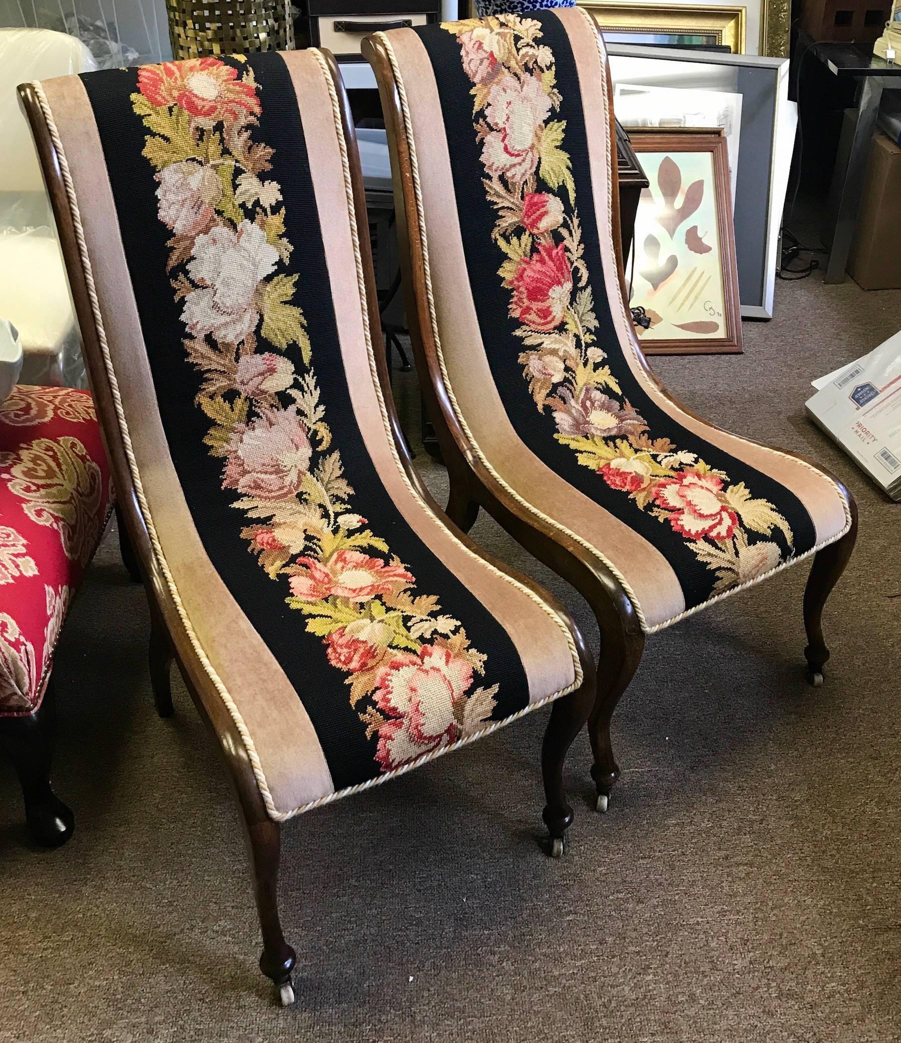 Pair of Napoleon III Needlepoint Slipper Chairs 1