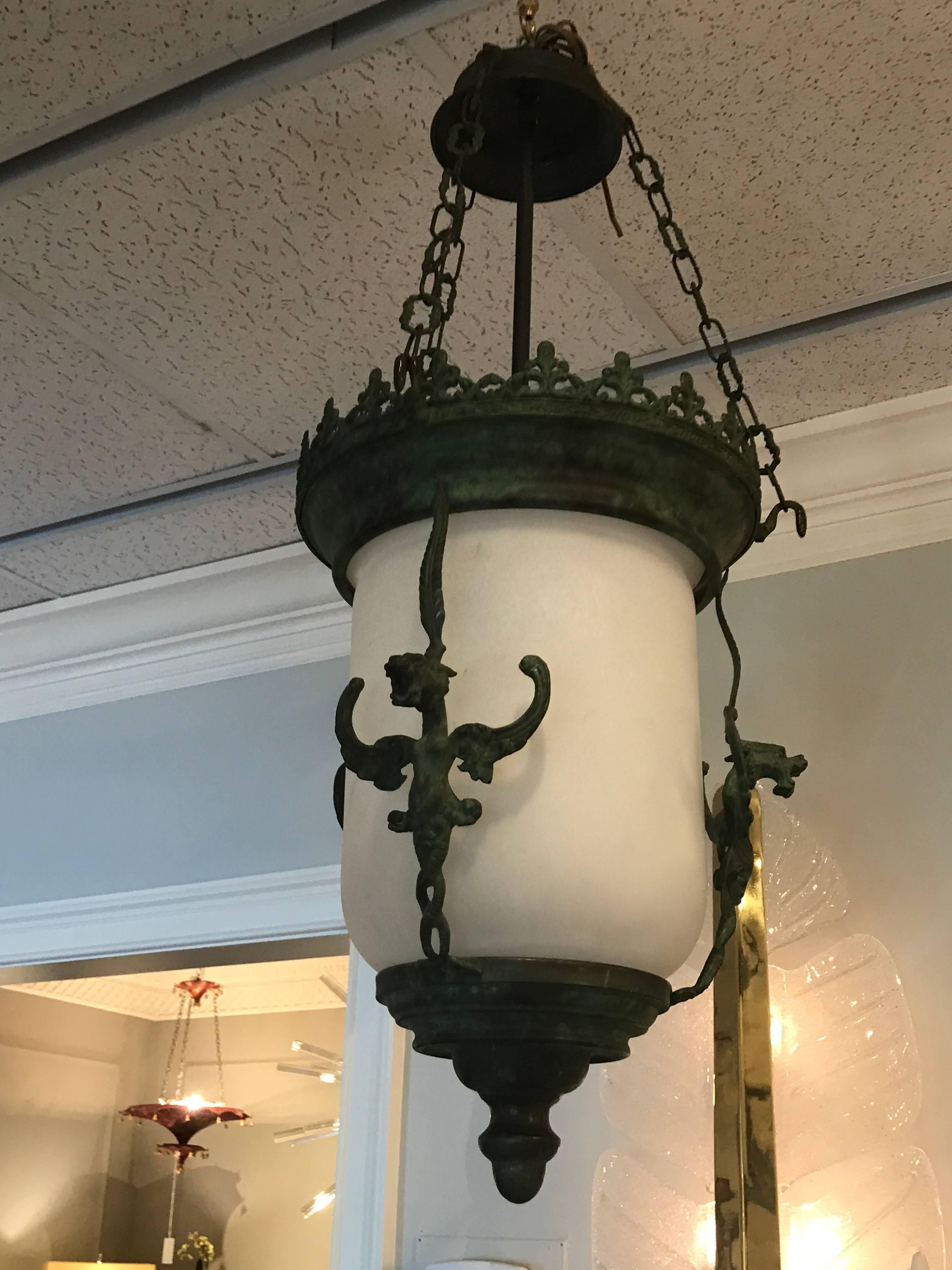 Gothic Verdigris Bronze Lantern In Good Condition For Sale In Atlanta, GA