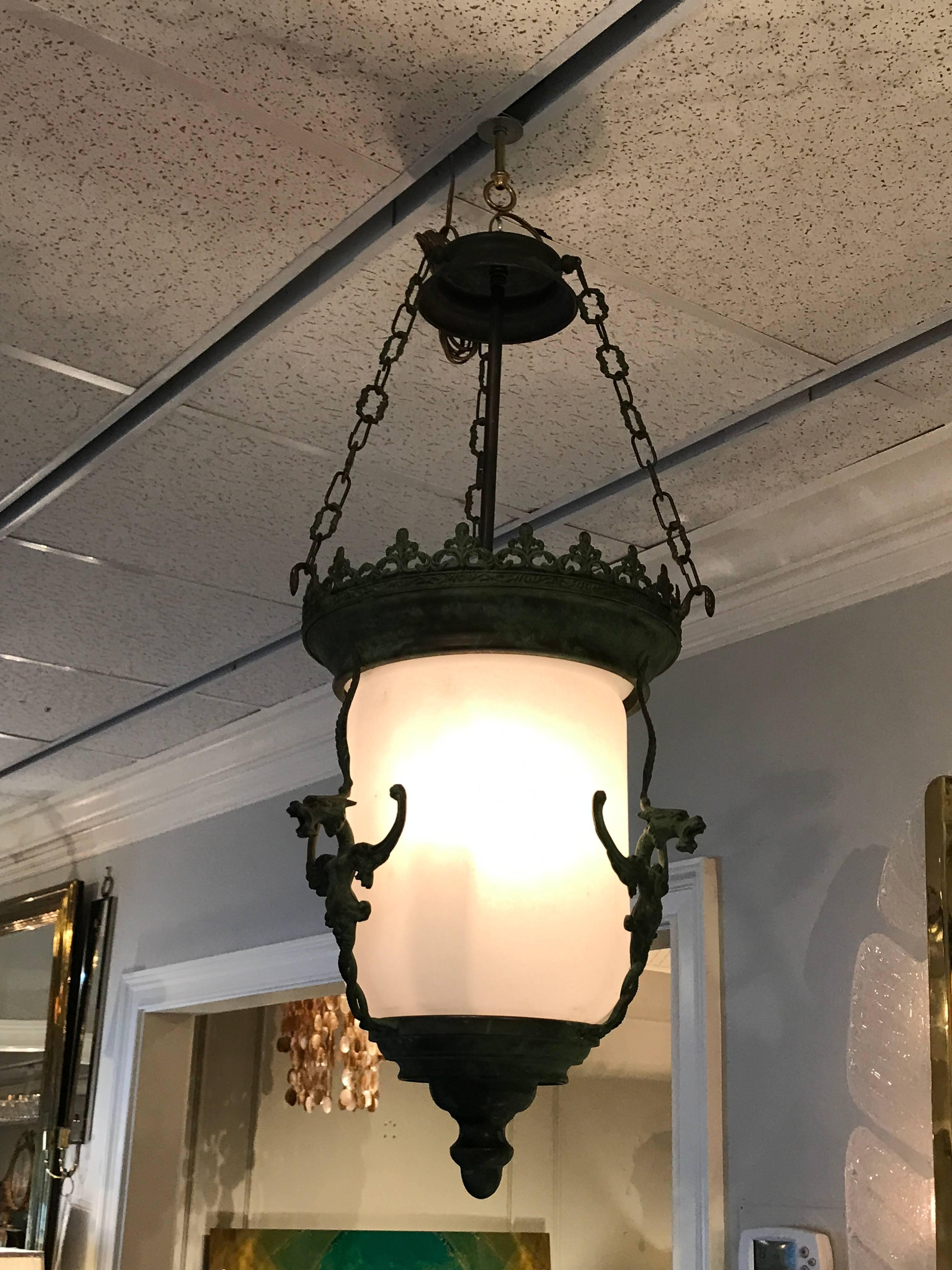 20th Century Gothic Verdigris Bronze Lantern For Sale