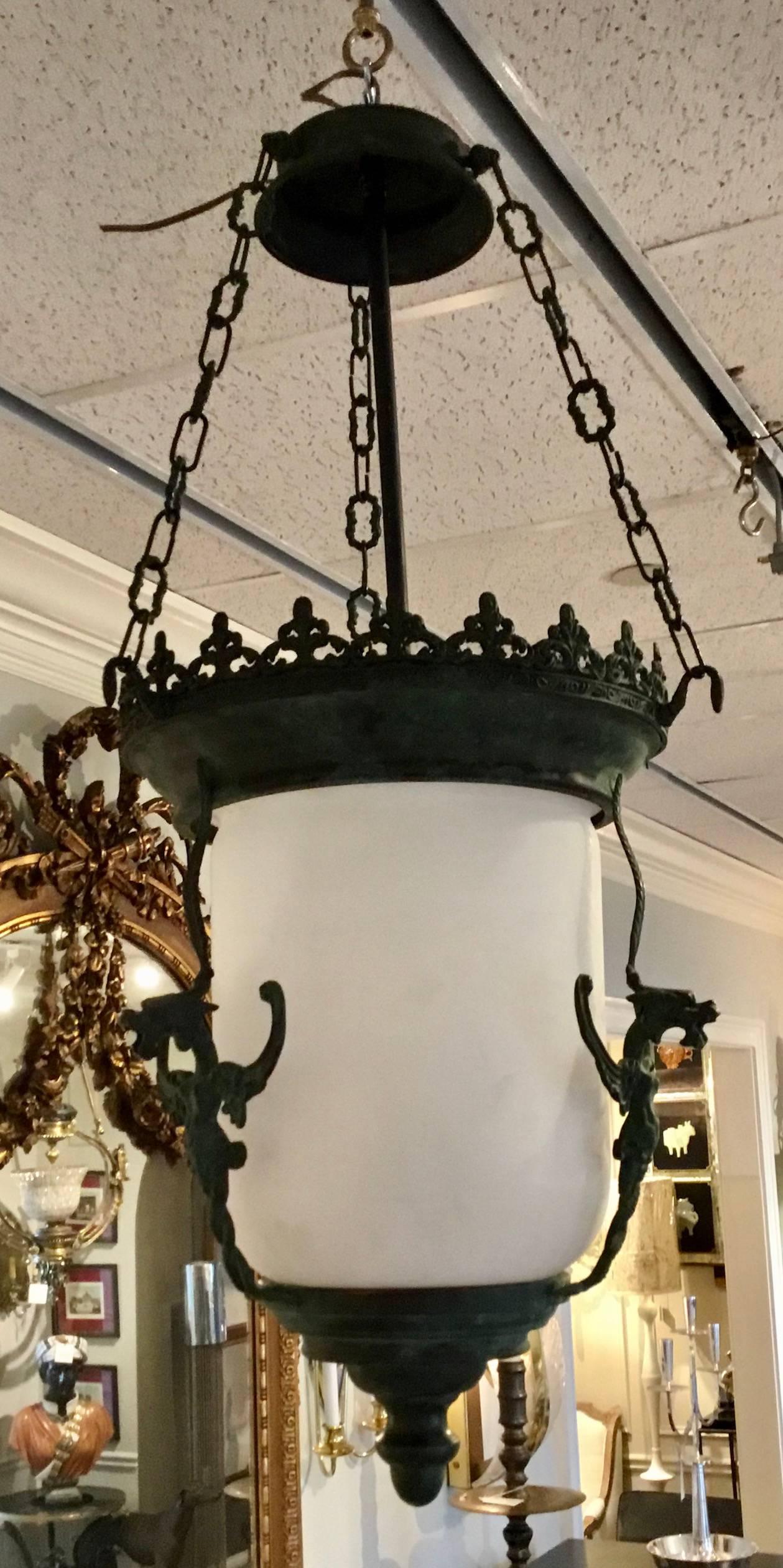 Gothic Verdigris bronze lantern, fitted with an opaque glass shade. Only 1 available.