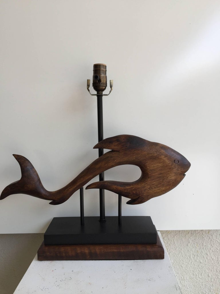 Pair of Midcentury Carved Wood Fish Sculptures Now as Lamps For Sale at