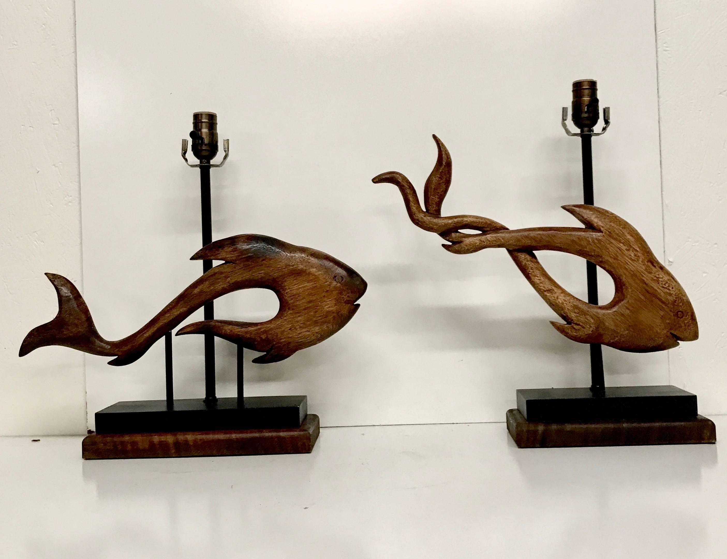 Mid-20th Century Pair of Midcentury Carved Wood Fish Sculptures Now as Lamps For Sale