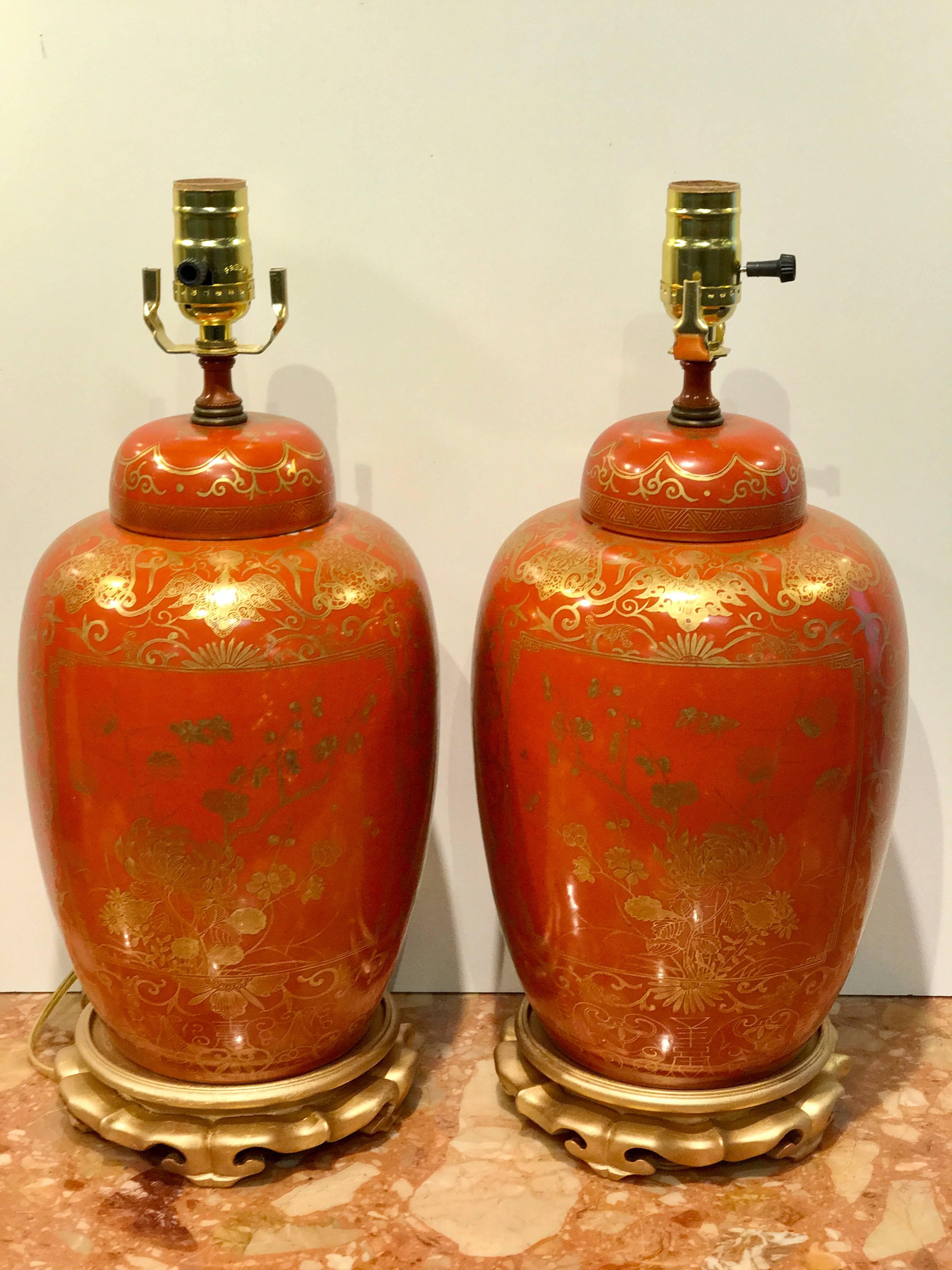 Chinese Export Pair of Orange and Gilt Chinese Famille Verte Ginger Jars, Now as Lamps