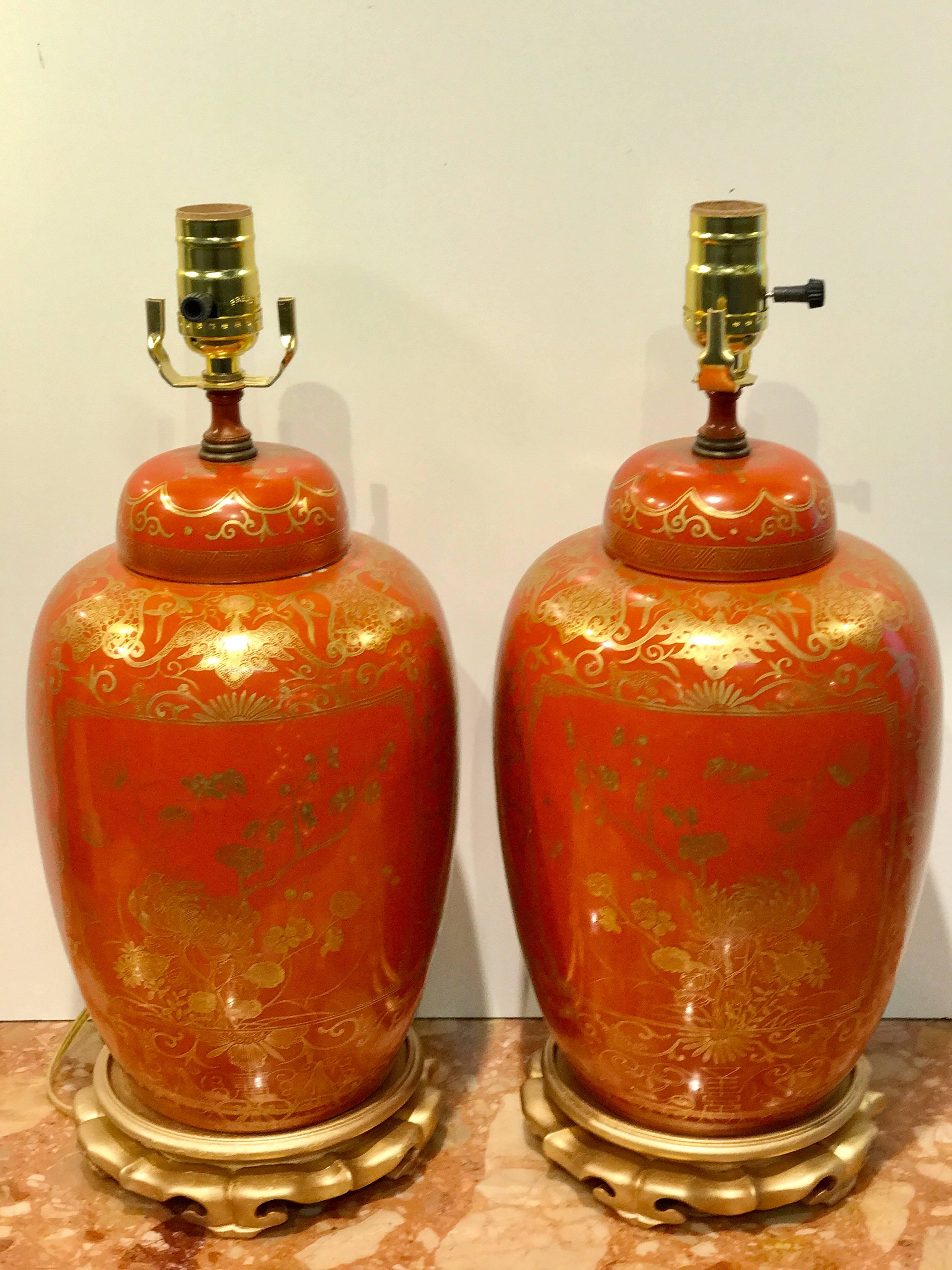 Pair of orange and gilt Chinese Famille Verte ginger jars, now as lamps. Each one beautifully gilt, raised on gilt 7