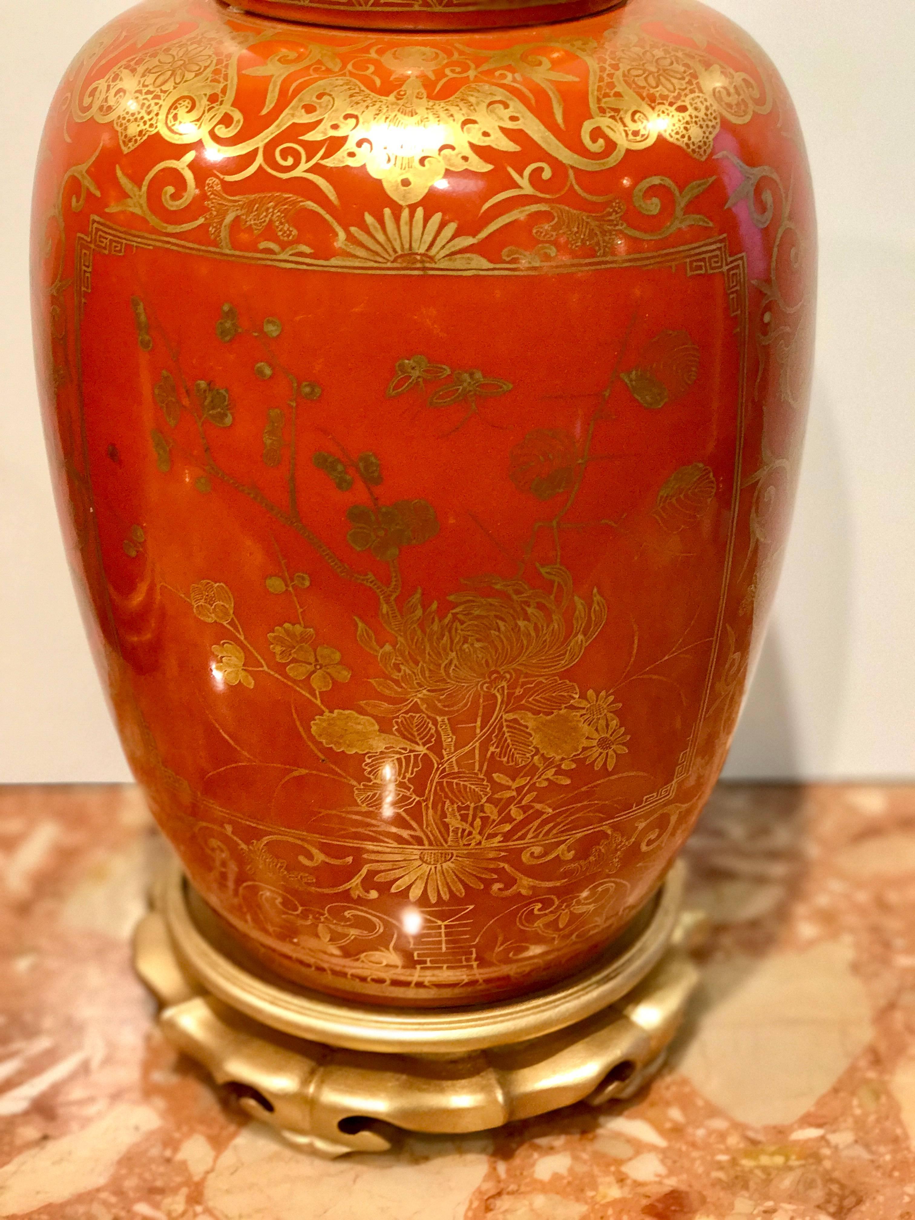 Pair of Orange and Gilt Chinese Famille Verte Ginger Jars, Now as Lamps In Good Condition In Atlanta, GA