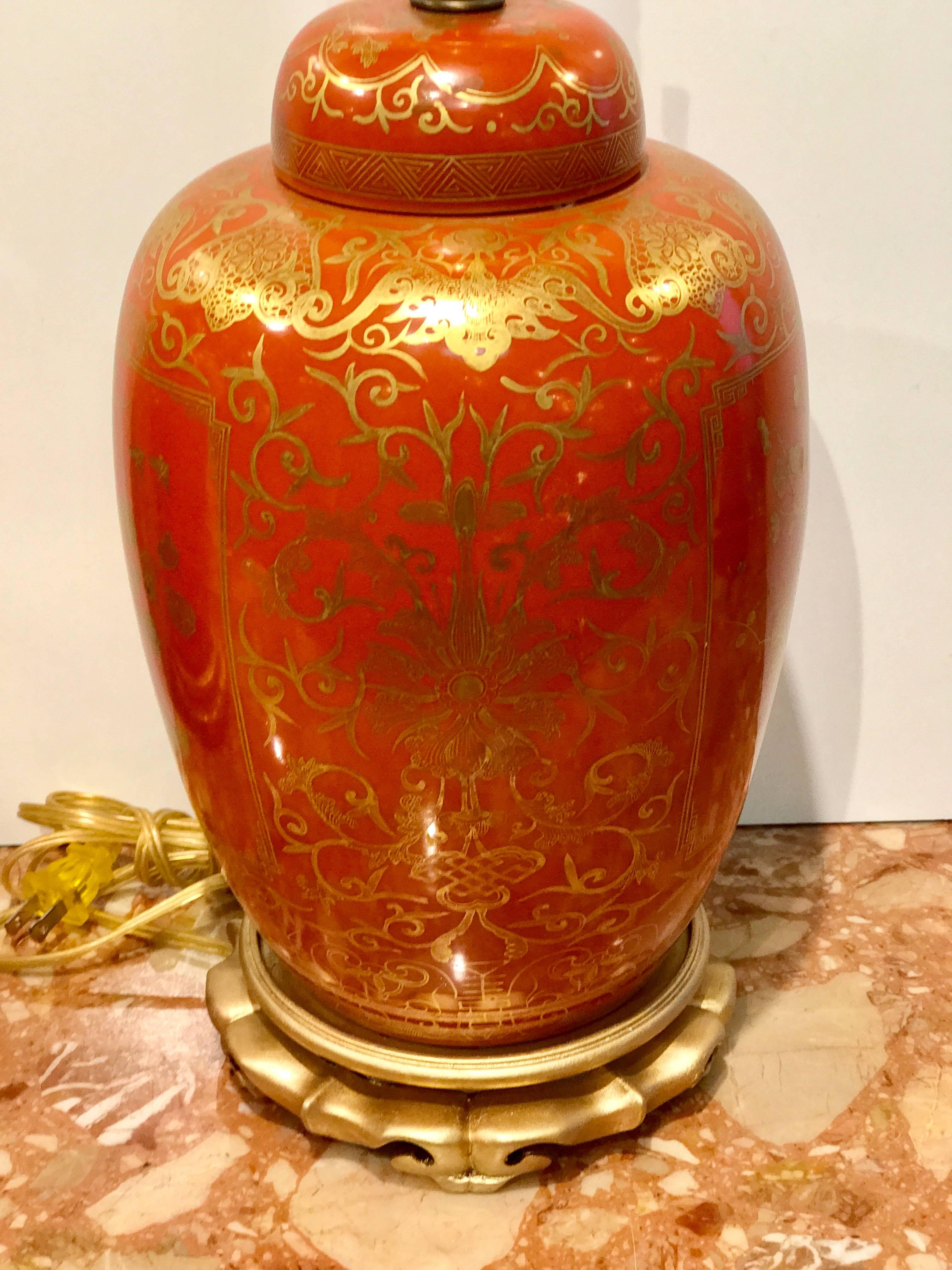 Carved Pair of Orange and Gilt Chinese Famille Verte Ginger Jars, Now as Lamps