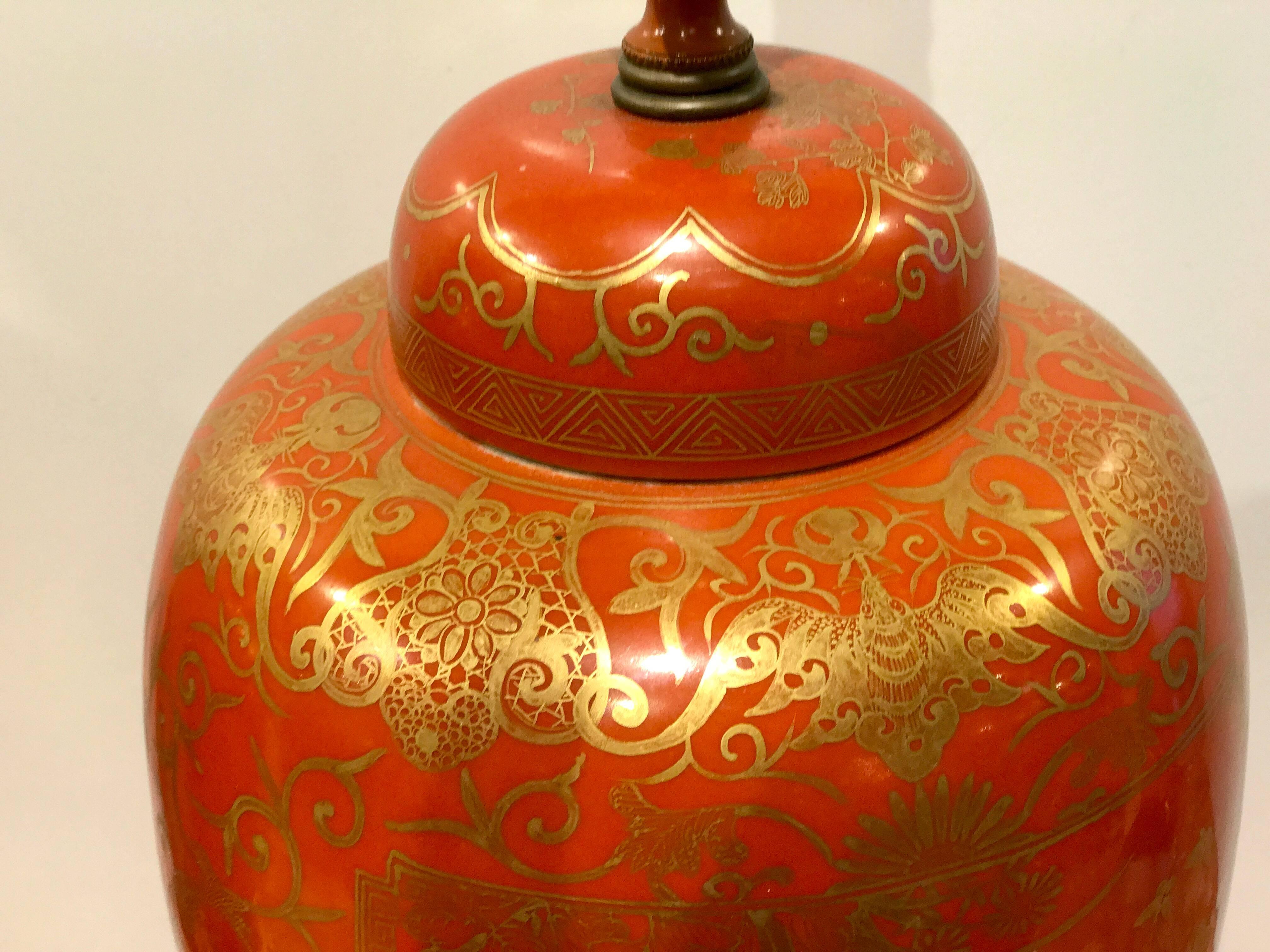 Porcelain Pair of Orange and Gilt Chinese Famille Verte Ginger Jars, Now as Lamps