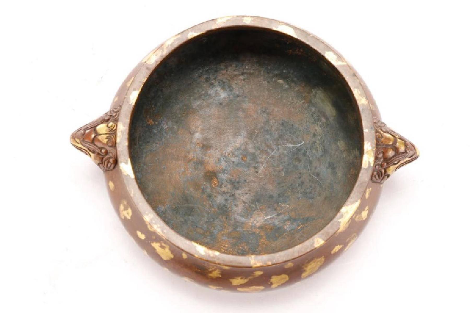 Chinese Gilt Splashed Bronze Bowl or Censer with Elephant Handles In Good Condition In Atlanta, GA