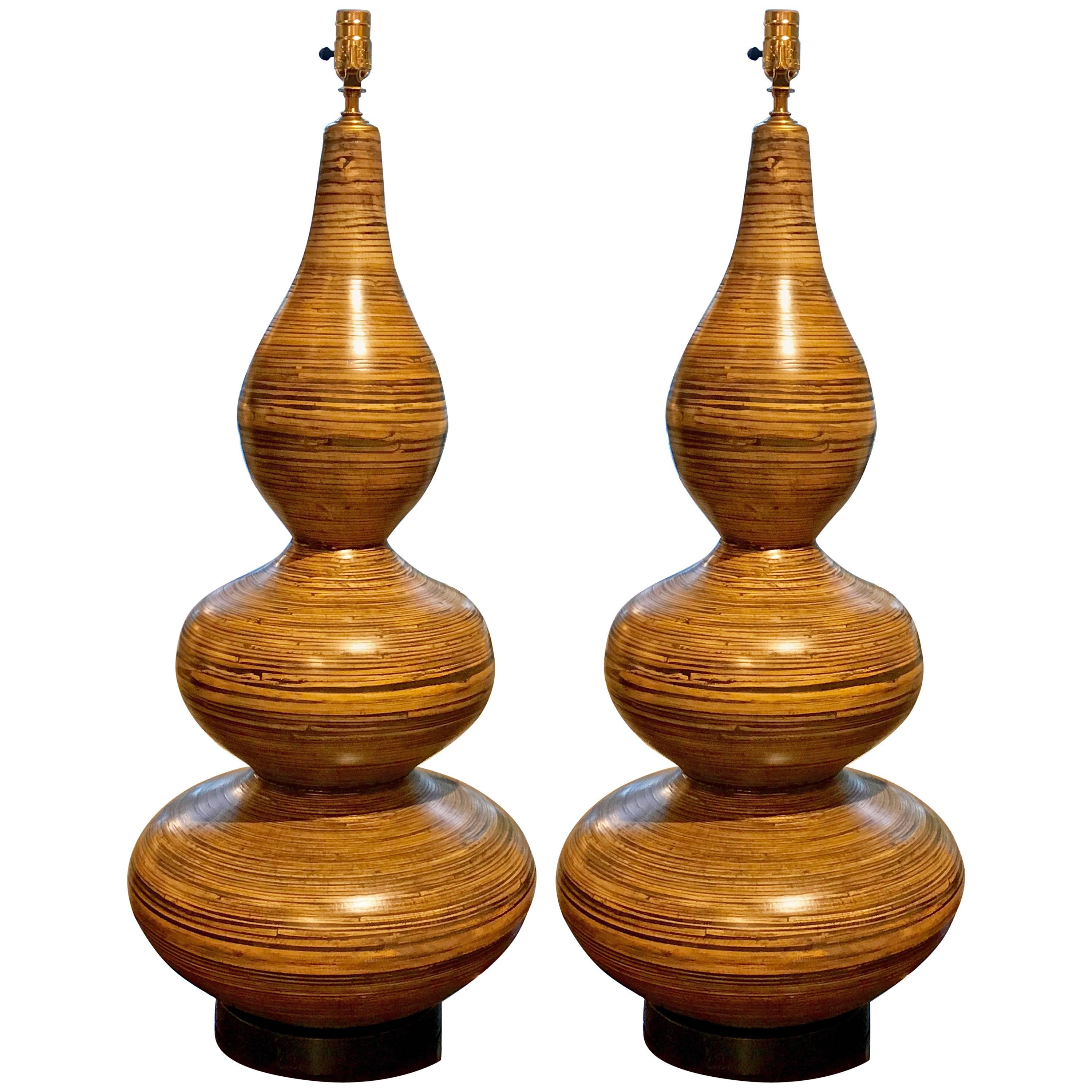 Stunning Pair of Large Lacquered Bamboo Gourd Lamps For Sale