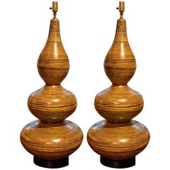 Stunning Pair of Large Lacquered Bamboo Gourd Lamps