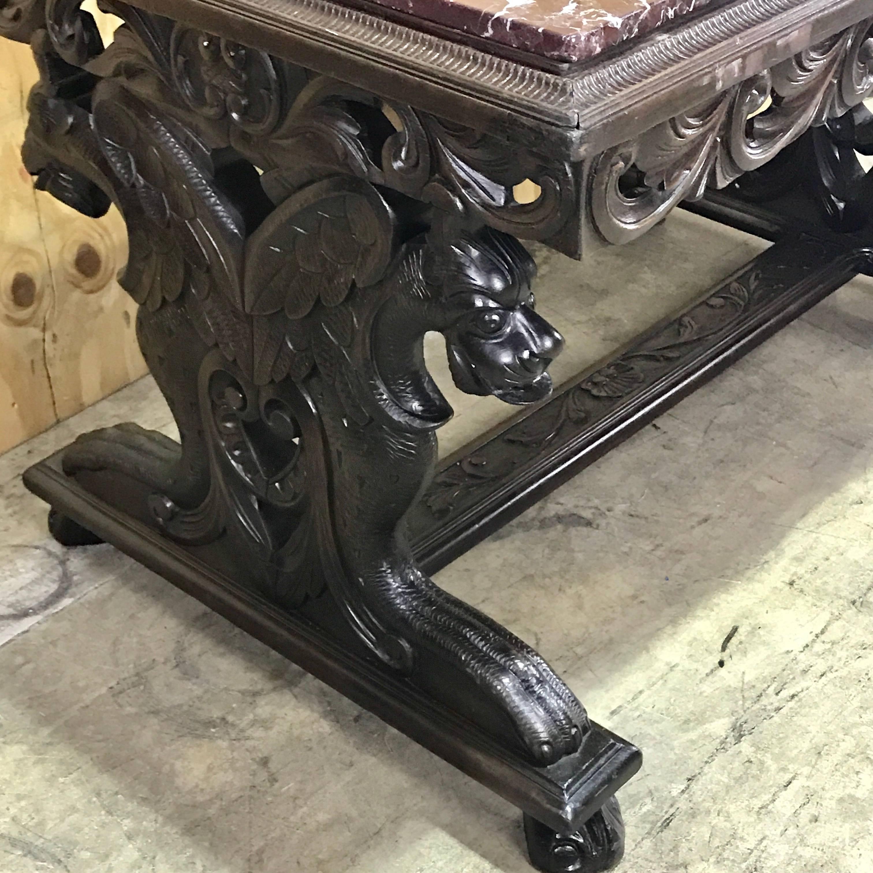 Italian Figural Carved Walnut Marble-Top Table, from the Breakers, Palm Beach FL 2