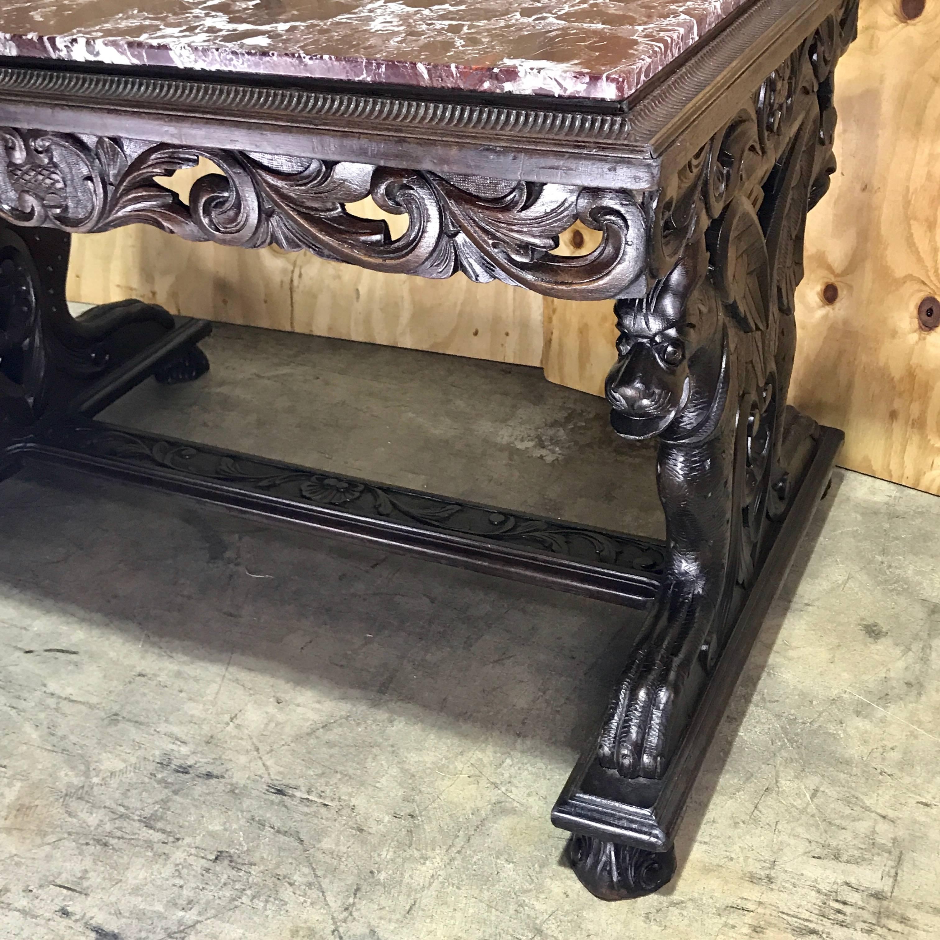 Italian Figural Carved Walnut Marble-Top Table, from the Breakers, Palm Beach FL In Good Condition In Atlanta, GA
