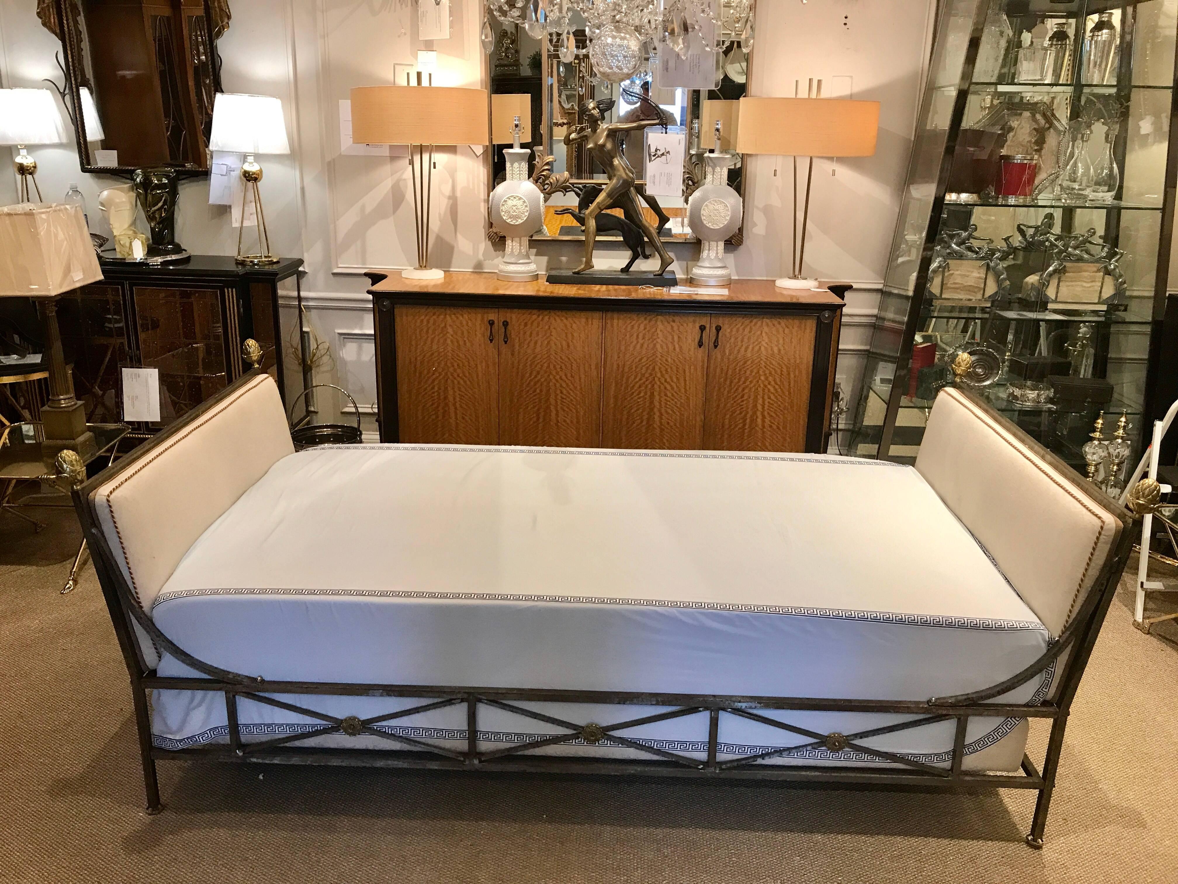 Maison Jansen neoclassical steel and brass daybed, complete with custom mattress. The ends upholstered in Fortuny fabric. Fresh from a Palm Beach estate.