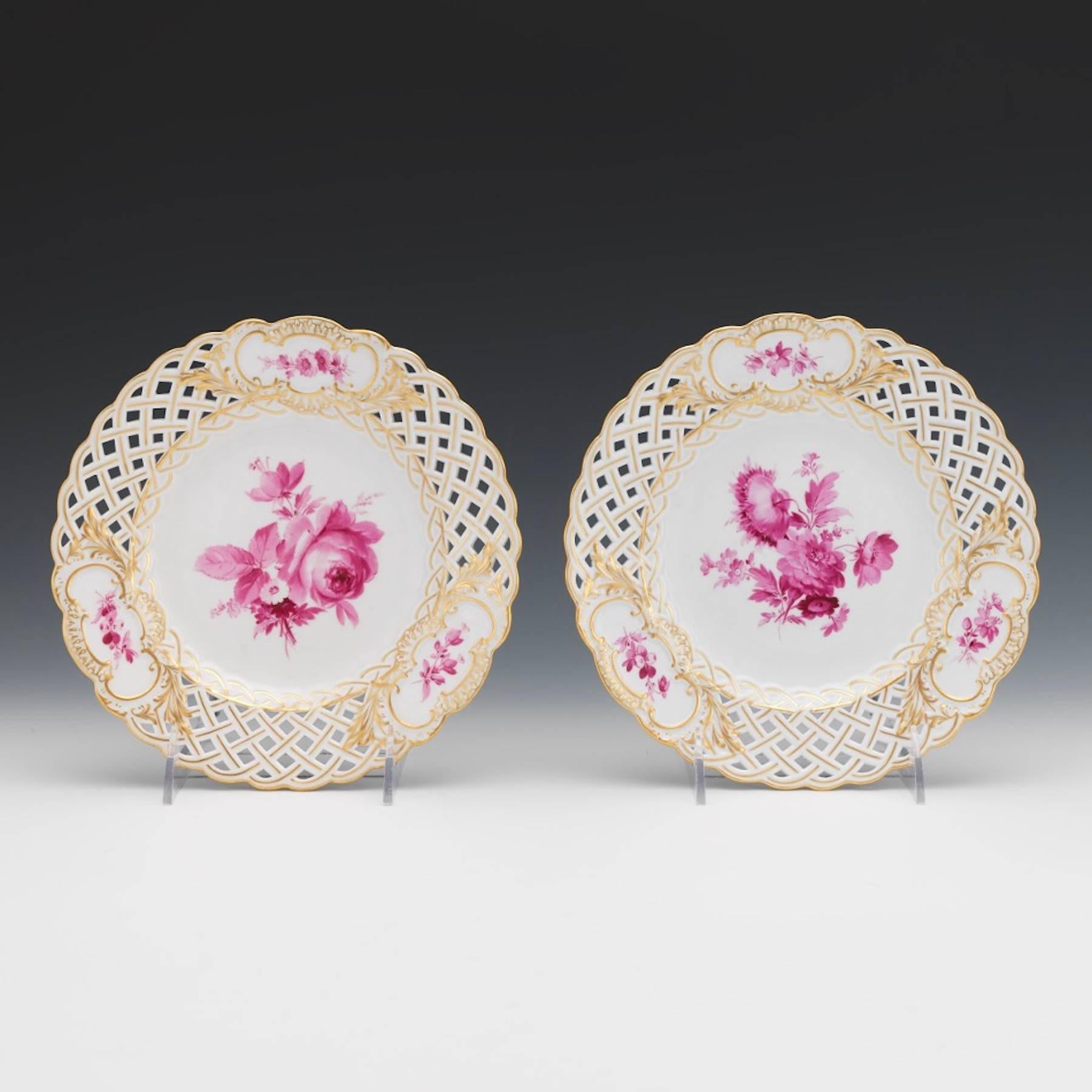 German Eight Meissen Reticulated Painted Floral Motif Plates, in a Rose Palette