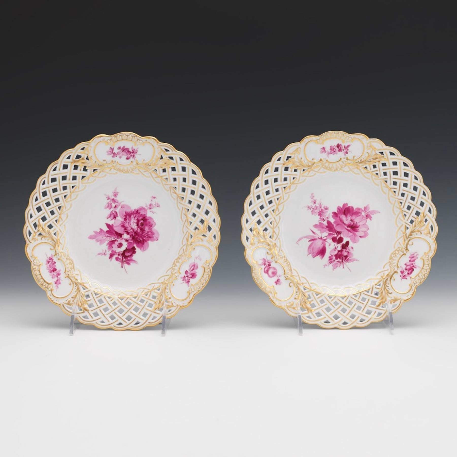 Hand-Painted Eight Meissen Reticulated Painted Floral Motif Plates, in a Rose Palette