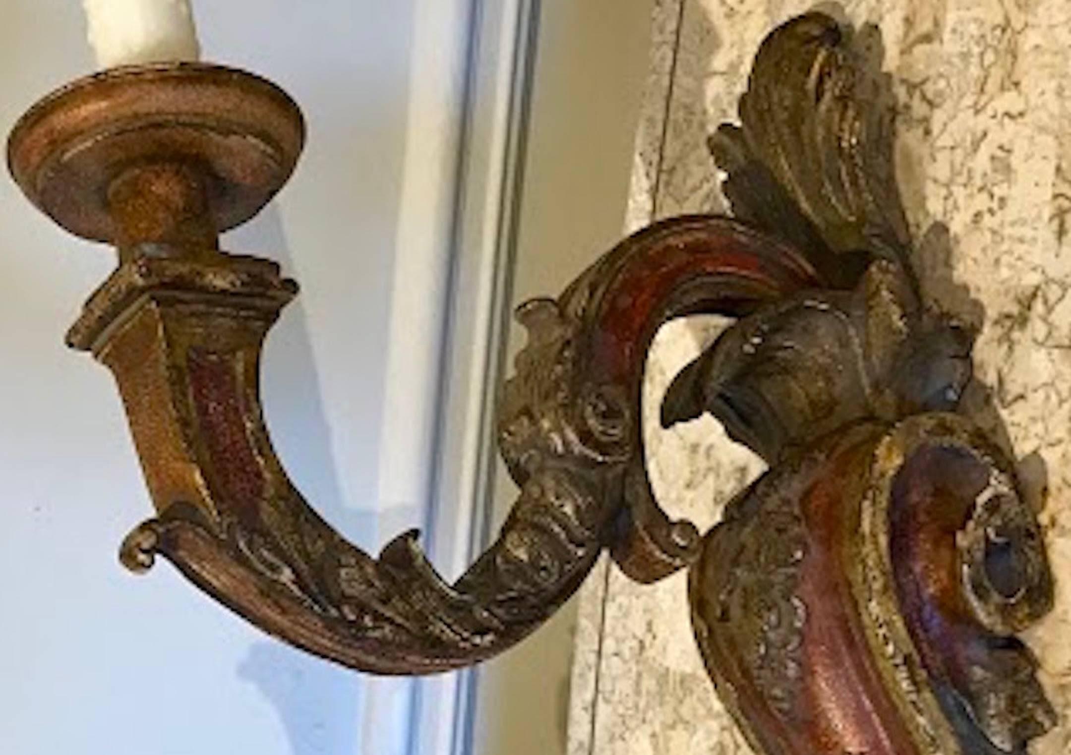 Large Pair of Italianate Carved and Polychromed Wood Single Arm Sconces 1