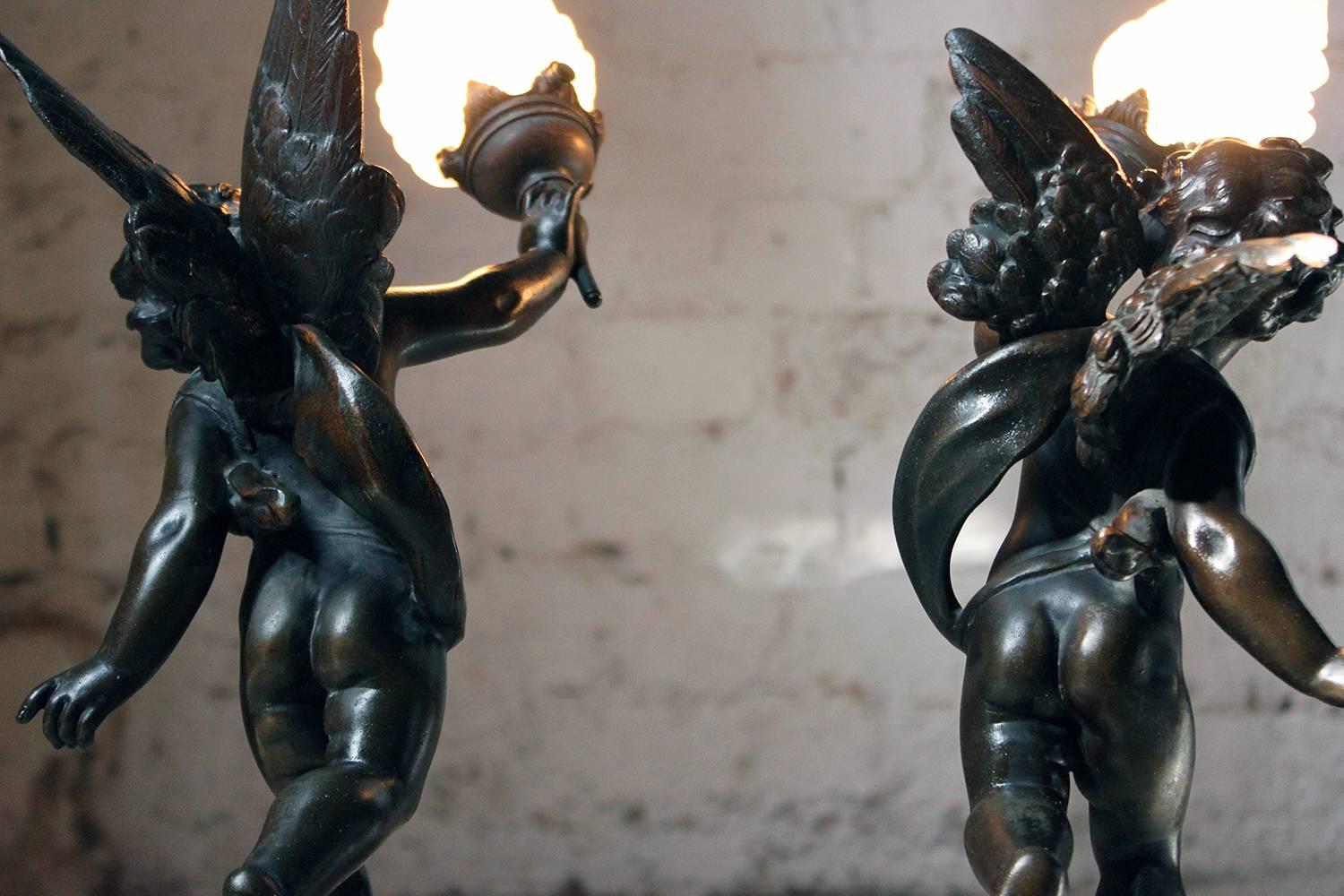 Belle Époque Pair of French Spelter & Marble Table Lamps Modeled as Winged Cherubs circa 1915