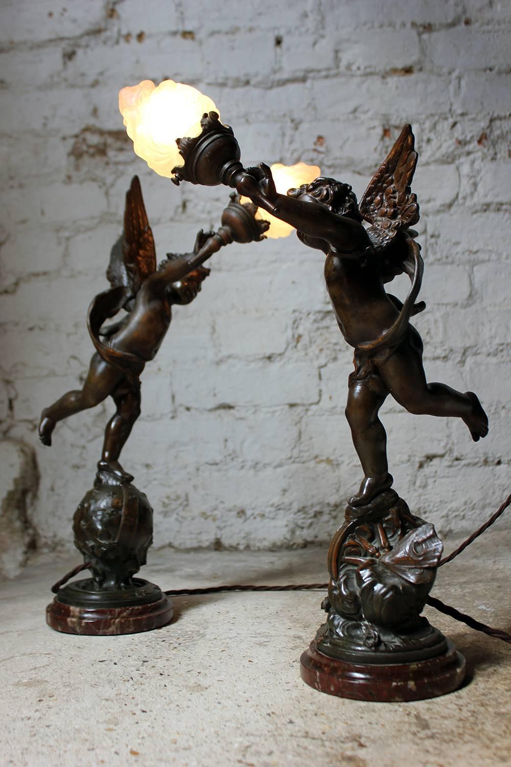 Pair of French Spelter & Marble Table Lamps Modeled as Winged Cherubs circa 1915 1