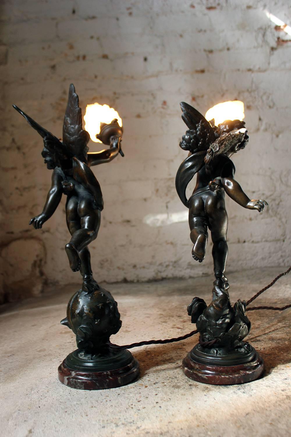 Pair of French Spelter & Marble Table Lamps Modeled as Winged Cherubs circa 1915 2
