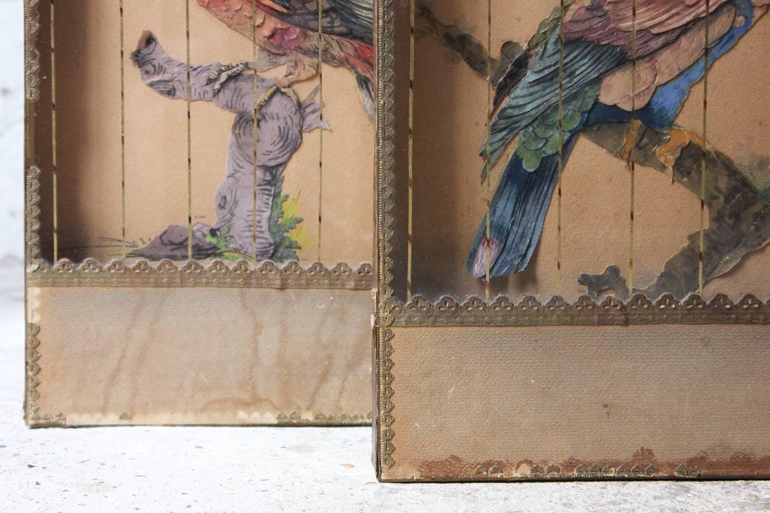 George III Pair of Appliqué Paper Pictures in the Form of Caged African Parrots, circa 1800