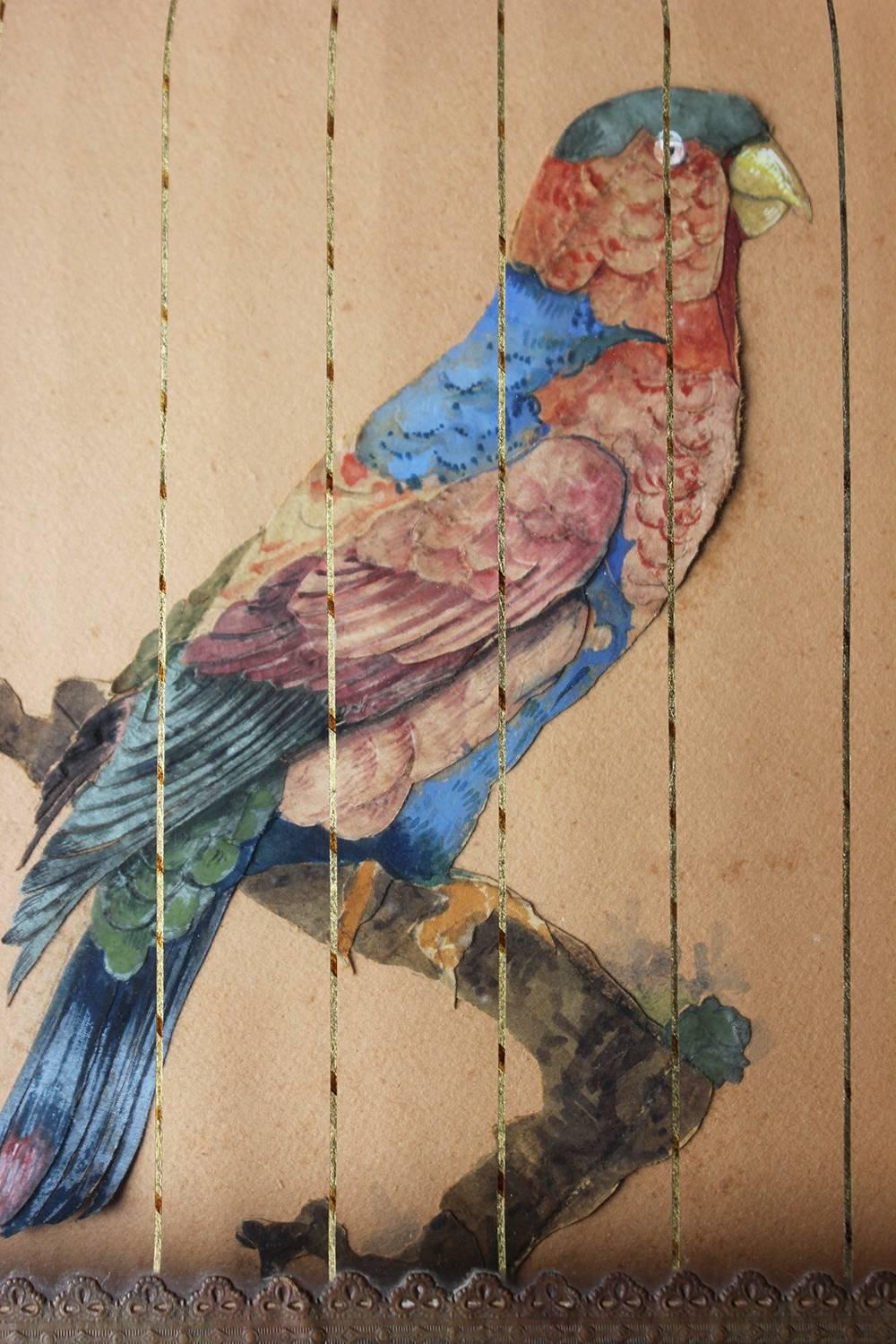 Italian Pair of Appliqué Paper Pictures in the Form of Caged African Parrots, circa 1800