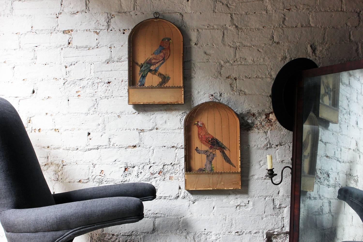 Pair of Appliqué Paper Pictures in the Form of Caged African Parrots, circa 1800 1