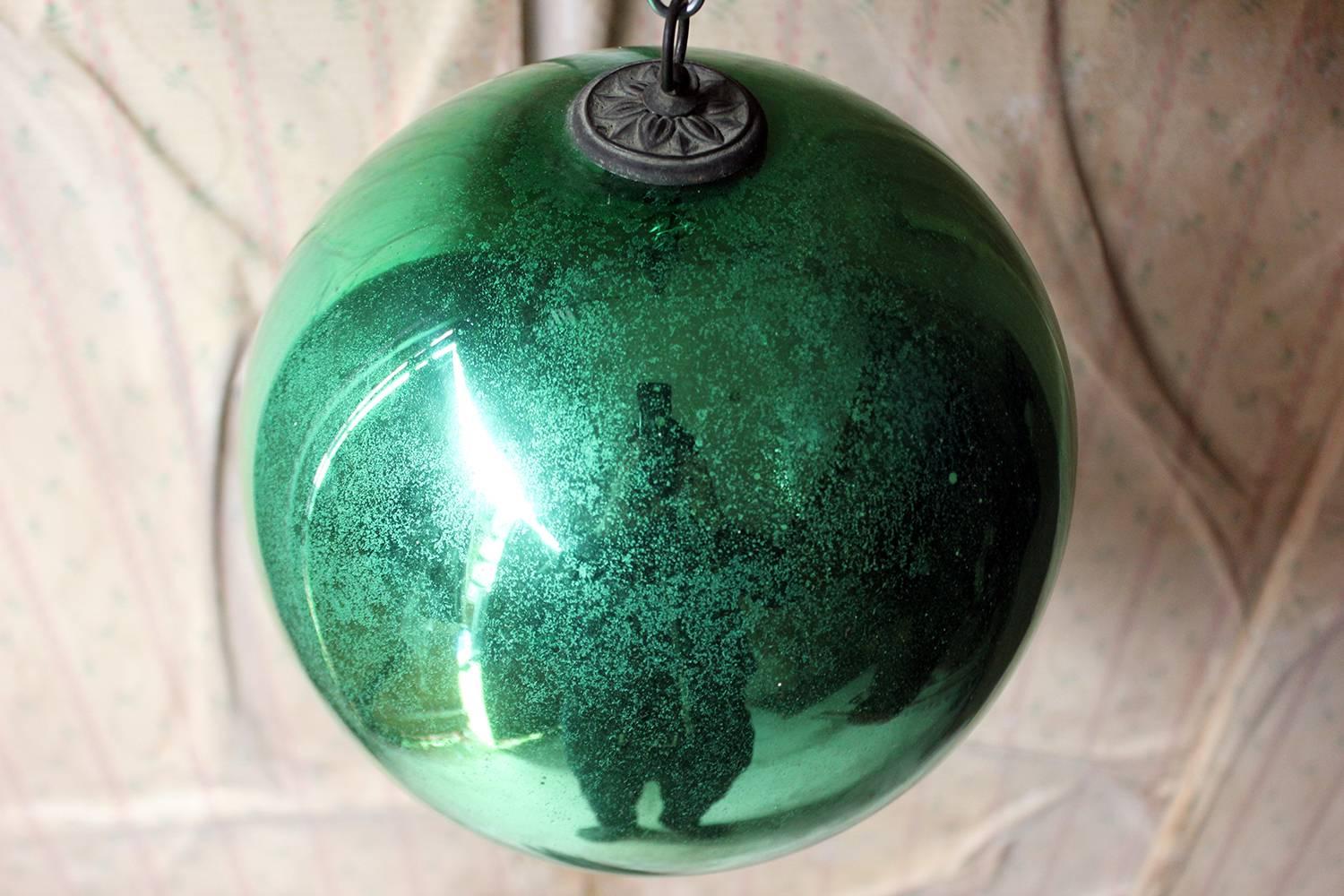 High Victorian Good Large Green Mercury Glass Witches Ball, circa 1900