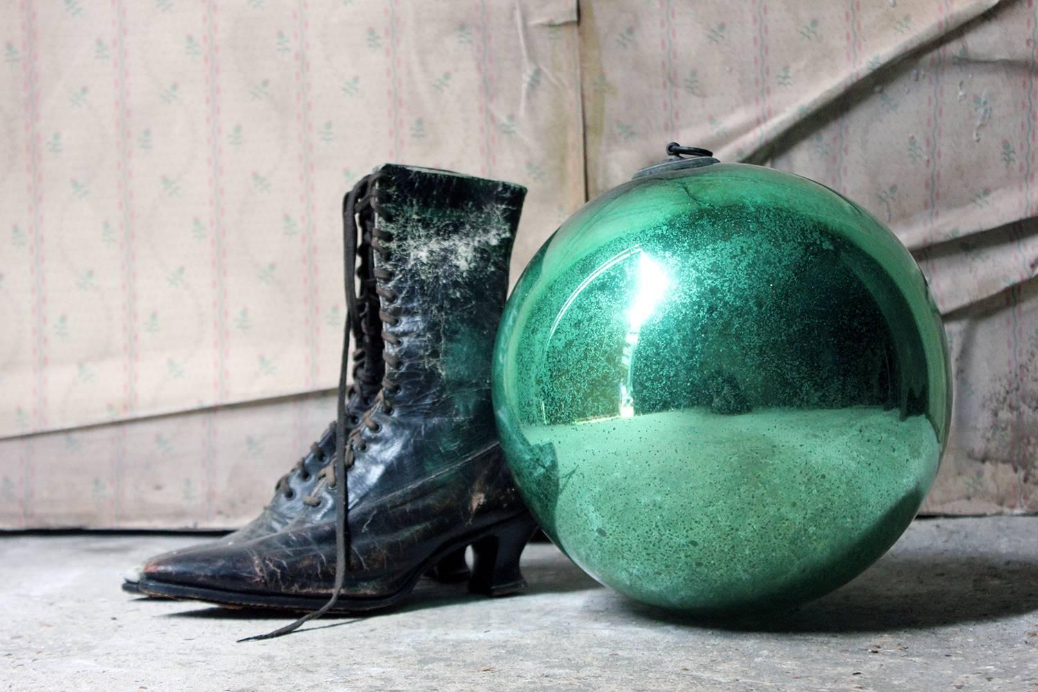 English Good Large Green Mercury Glass Witches Ball, circa 1900