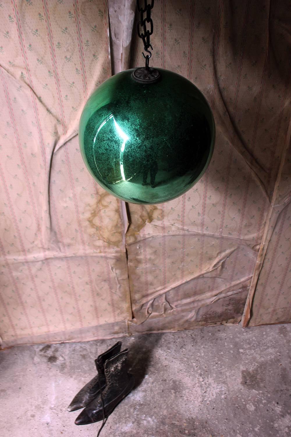 Good Large Green Mercury Glass Witches Ball, circa 1900 1