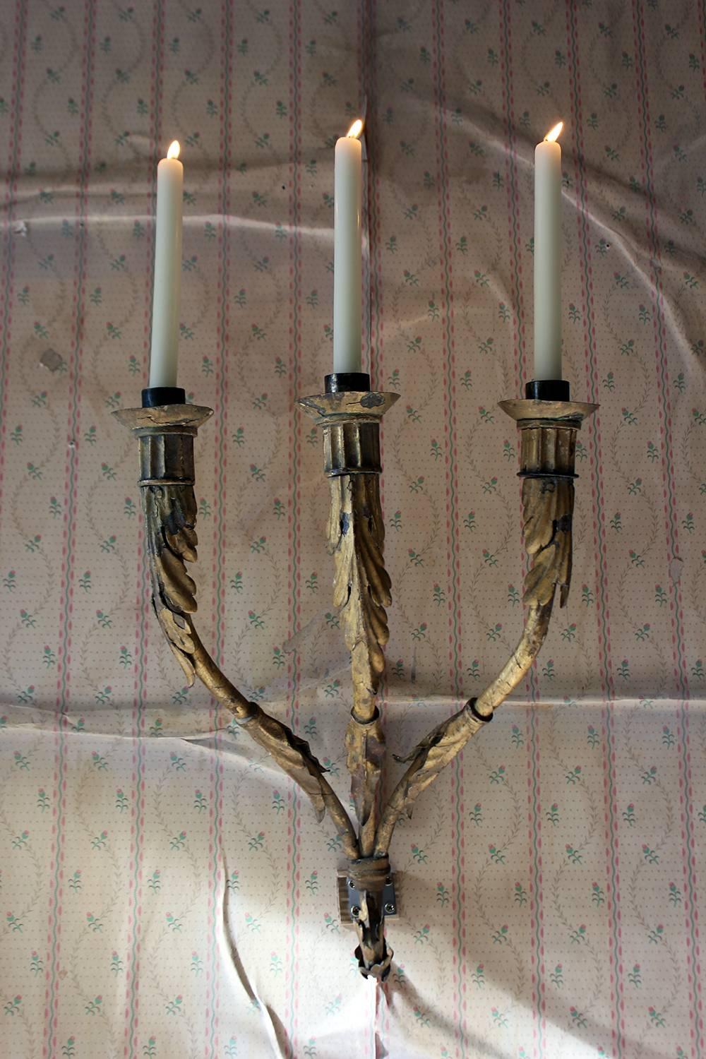 18th Century and Earlier Pair of Italian Gilded Iron Wall Sconce Candelabra, circa 1770