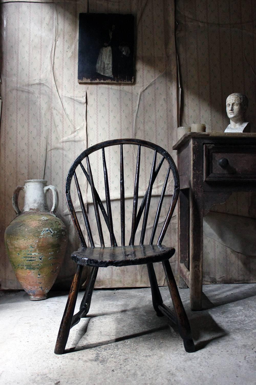 Oak English West-Country Black Painted Braced Bow-Back Windsor Chair, circa 1800