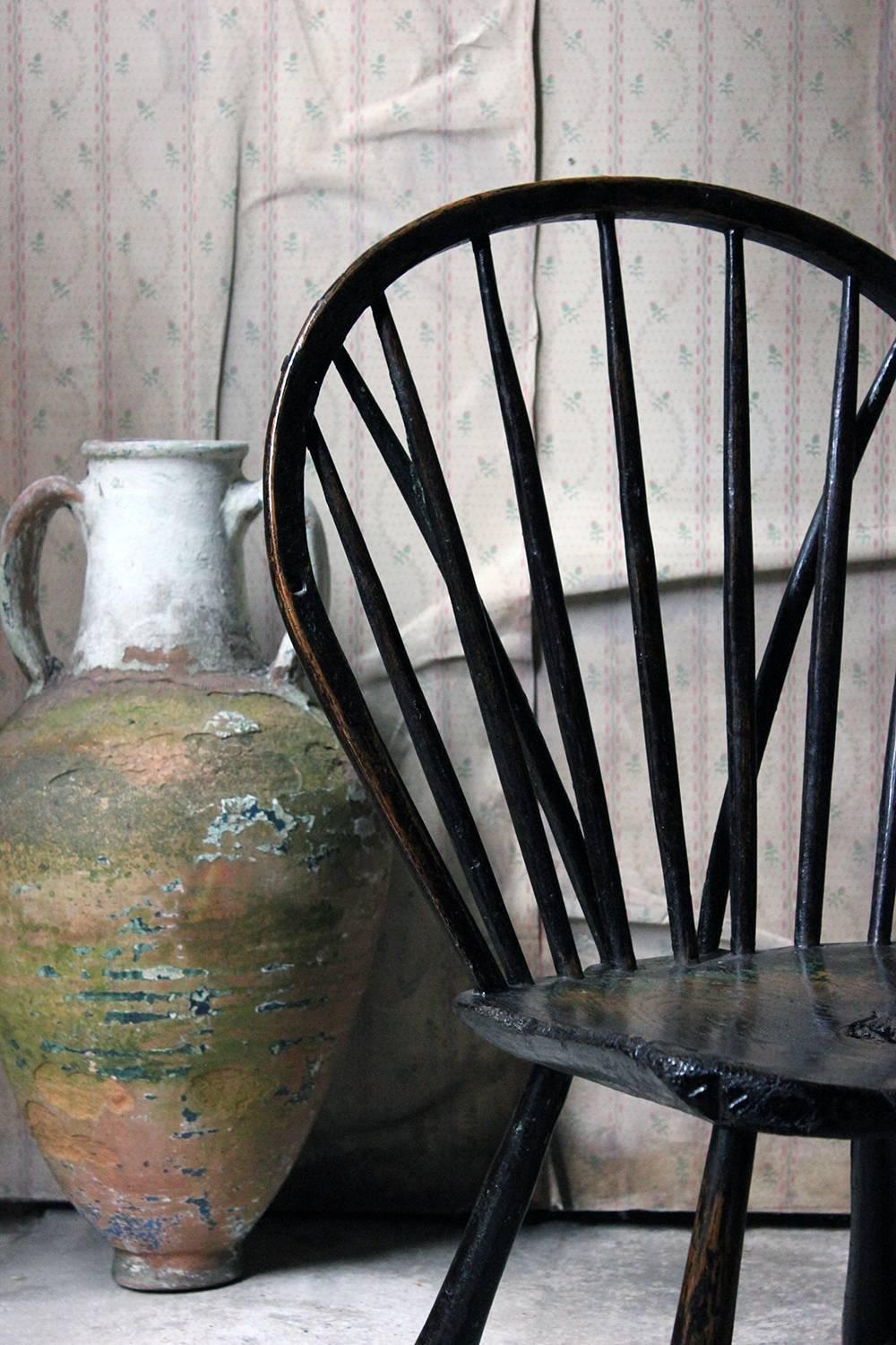 Hand-Painted English West-Country Black Painted Braced Bow-Back Windsor Chair, circa 1800