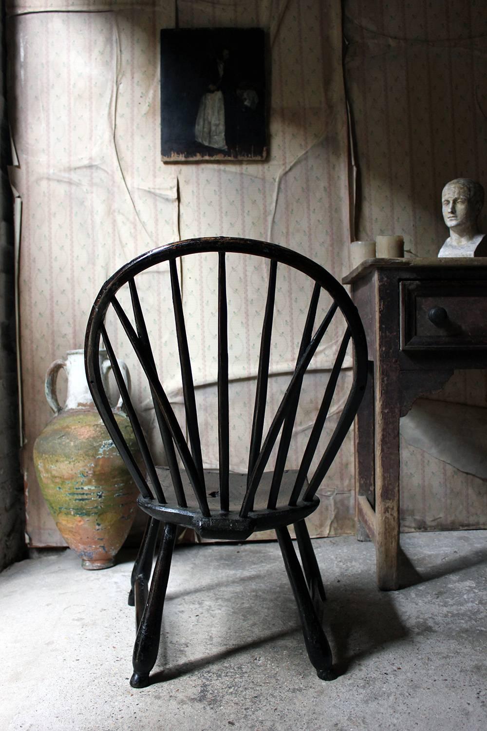 English West-Country Black Painted Braced Bow-Back Windsor Chair, circa 1800 2