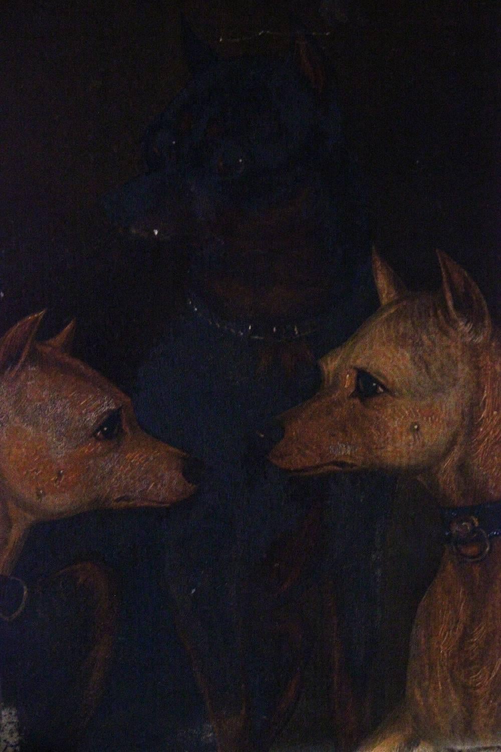 Late 19th Century English School Oil on Board Study of Two White and One Manchester Terrier